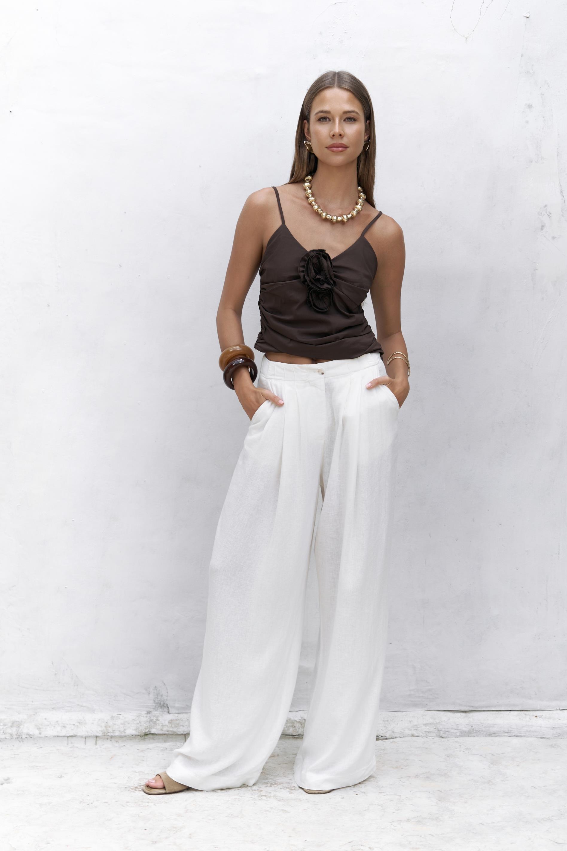 Mahoney Ekru Keten Palazzo Pantolon