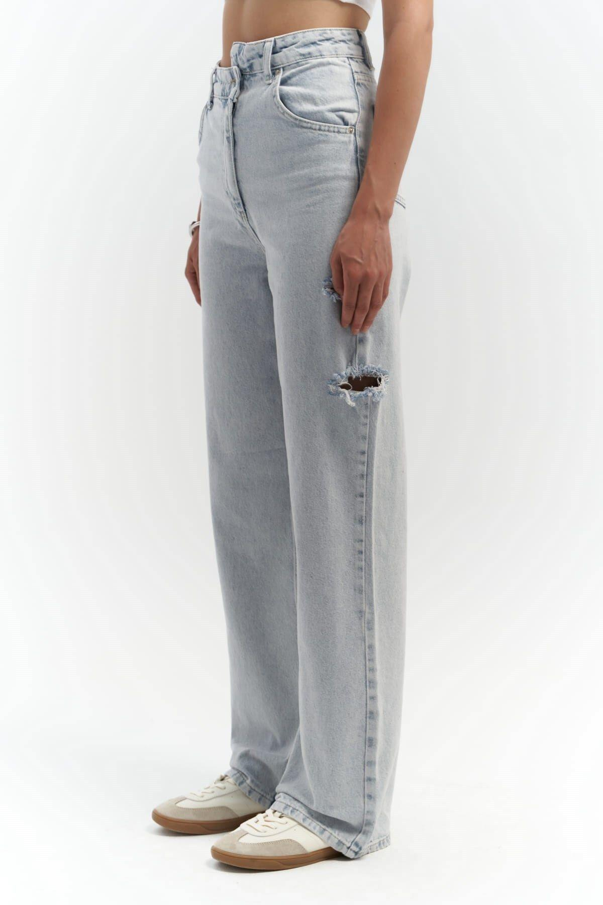Mai Collection North Bel Detay Çift Yırtıklı Buz Mavi Jean 