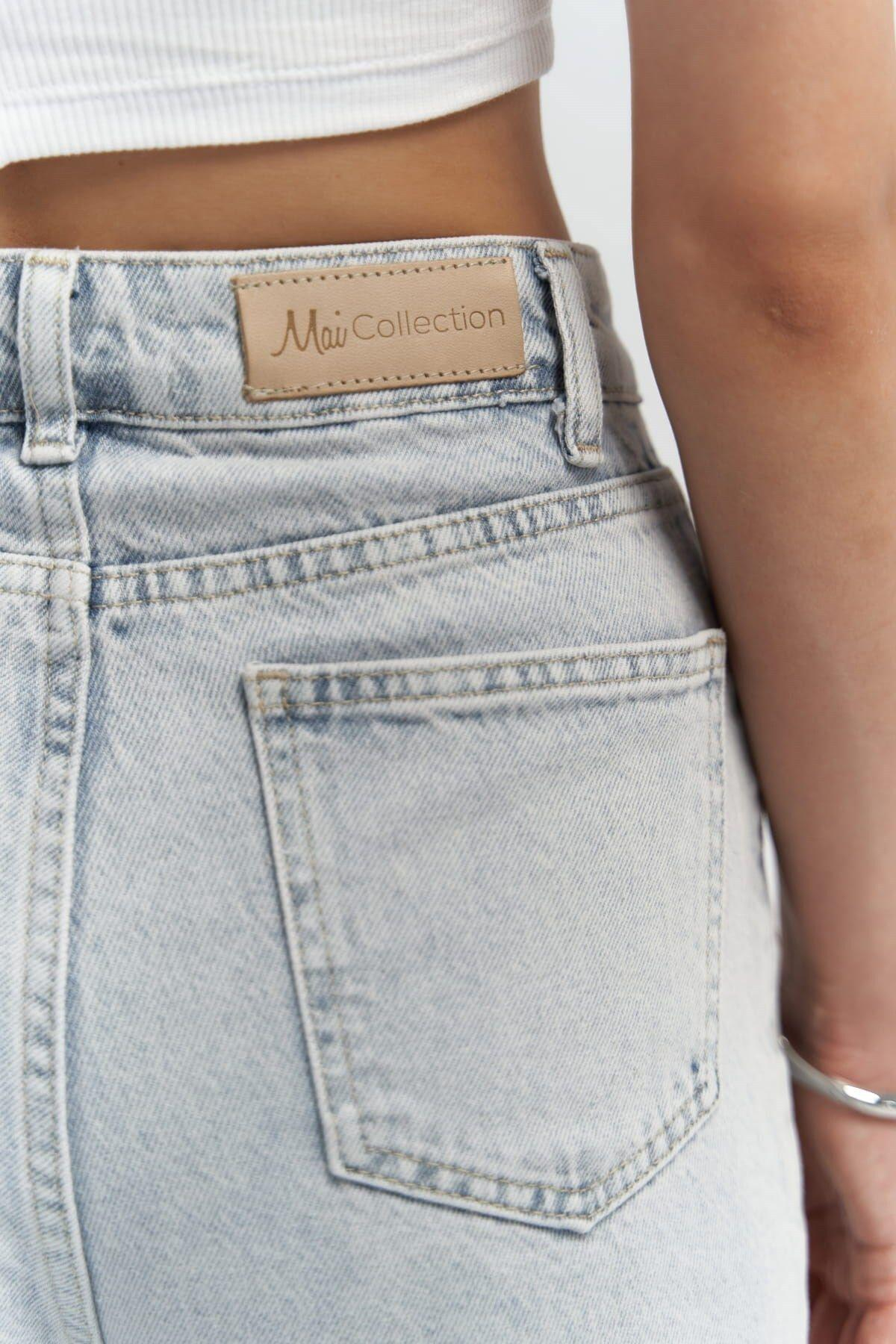 Mai Collection North Bel Detay Çift Yırtıklı Buz Mavi Jean 