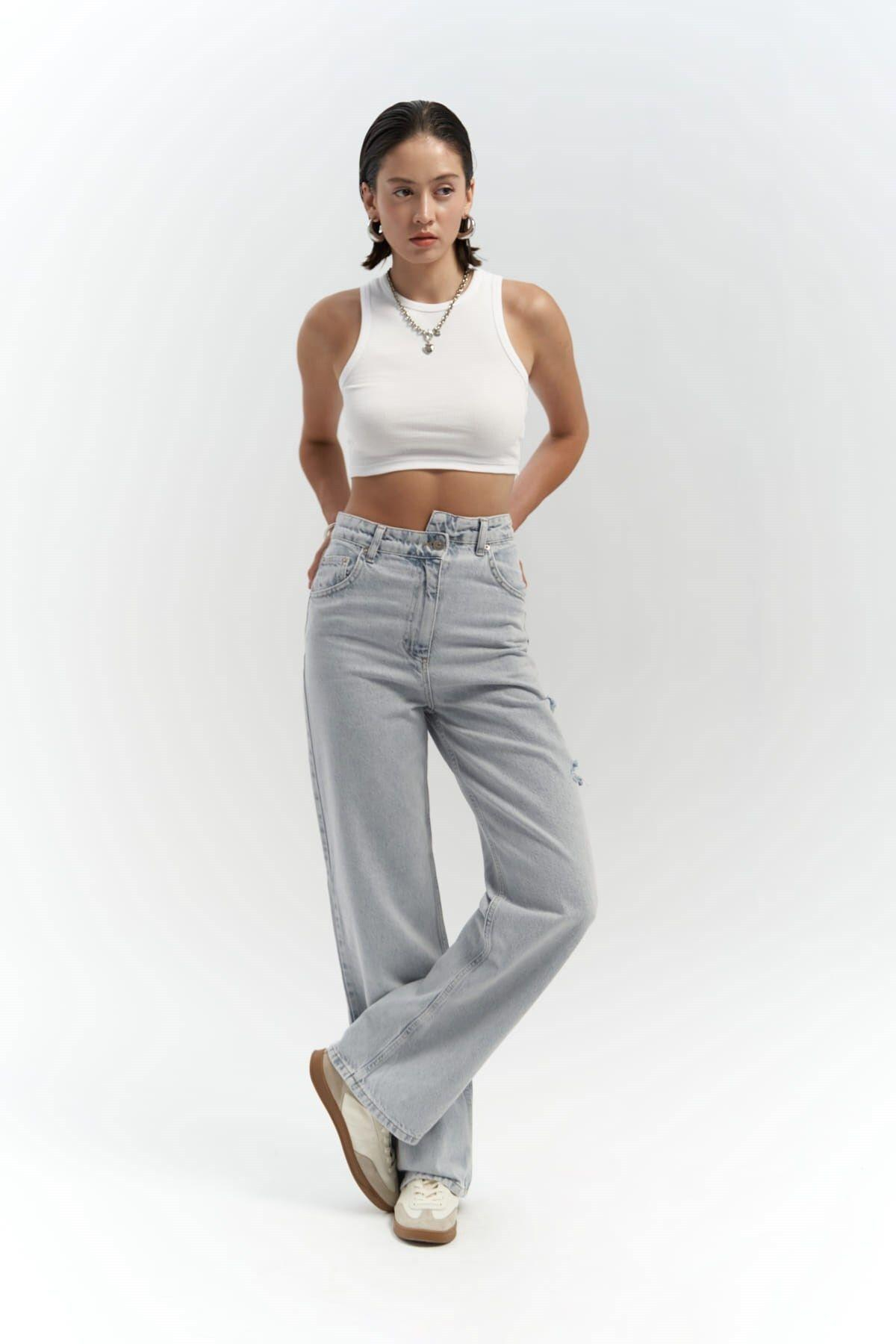 Mai Collection North Bel Detay Çift Yırtıklı Buz Mavi Jean 