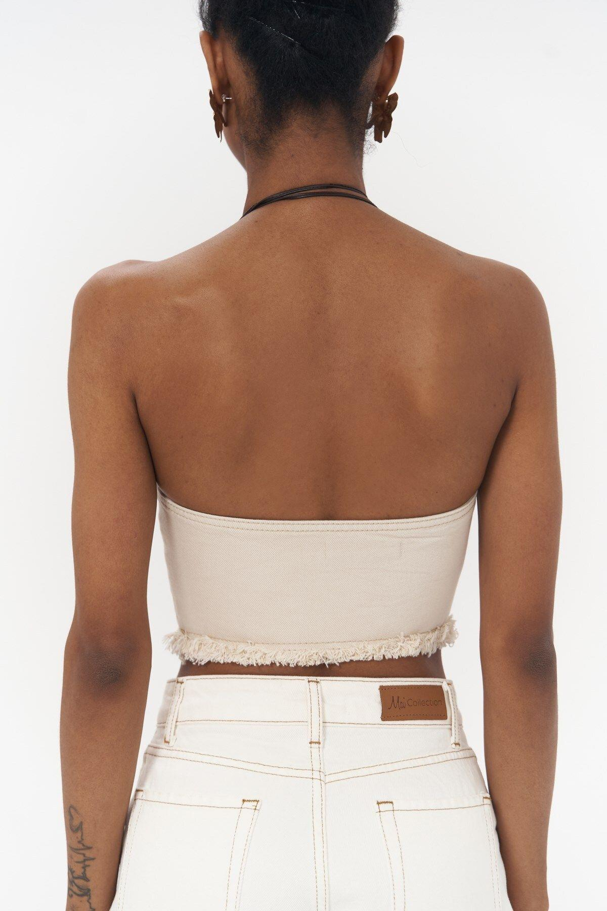 Mai Collection Toni İp Detay Bej Jean Crop
