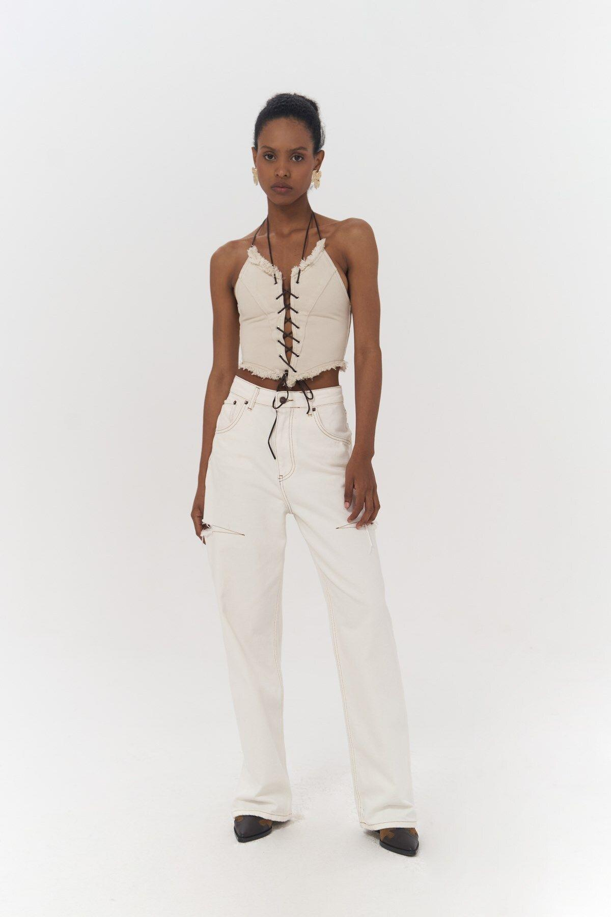 Mai Collection Toni İp Detay Bej Jean Crop