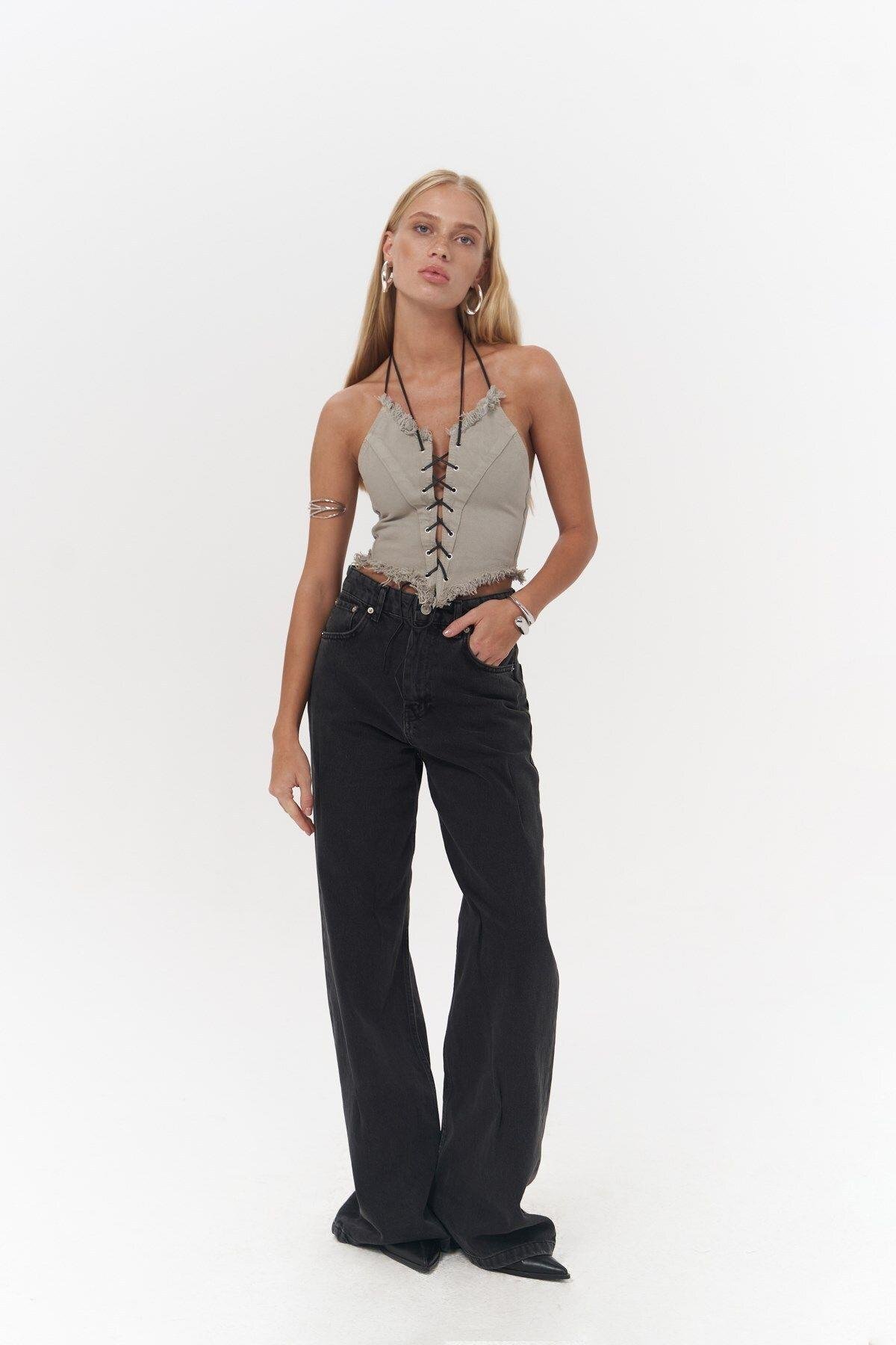 Mai Collection Toni İp Detay Gri Jean Crop