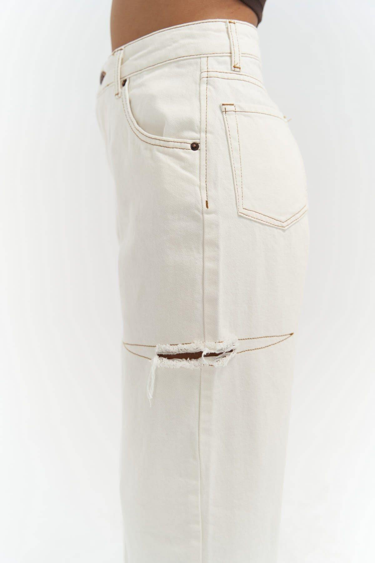 Mai Palm Ekru Yırtık Detay Jean
