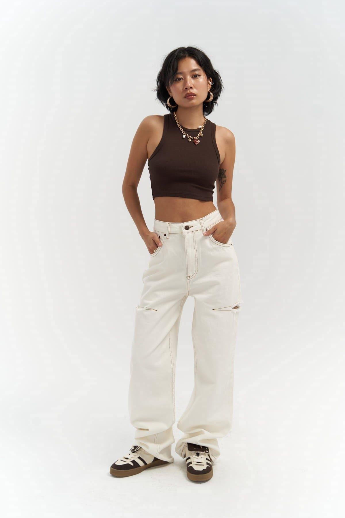 Mai Palm Ekru Yırtık Detay Jean