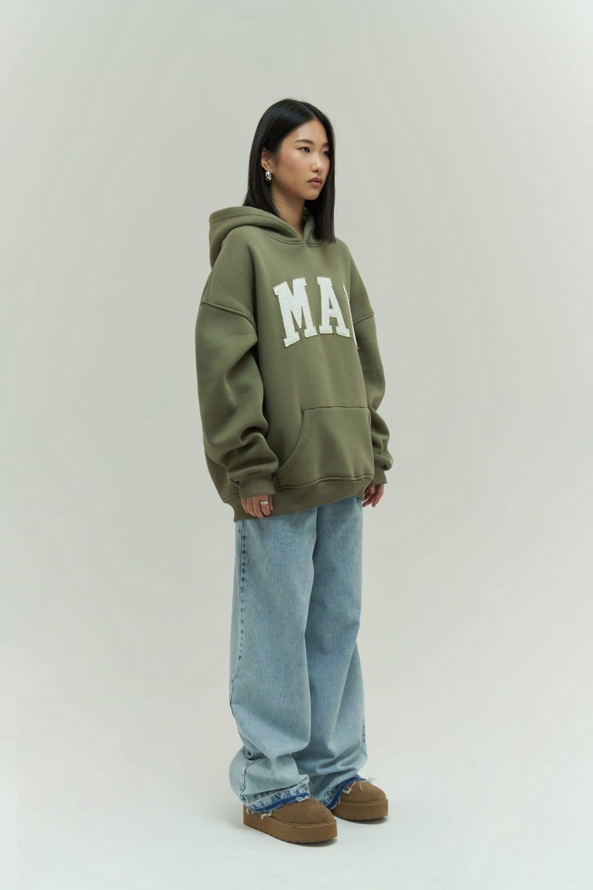Mai Collection Malvo Mai Emboidered Light Khaki Hoodie Sweatshirt
