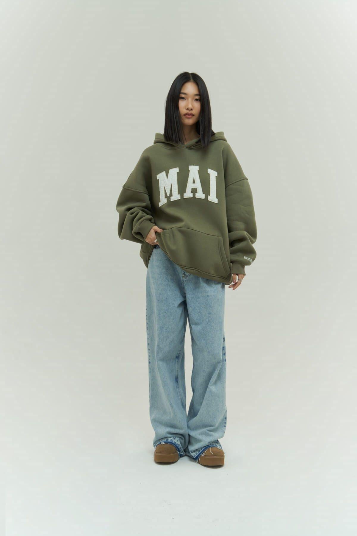 Mai Collection Malvo Mai Emboidered Light Khaki Hoodie Sweatshirt