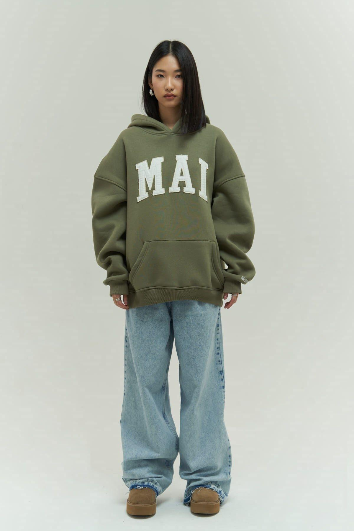 Mai Collection Malvo Mai Emboidered Light Khaki Hoodie Sweatshirt