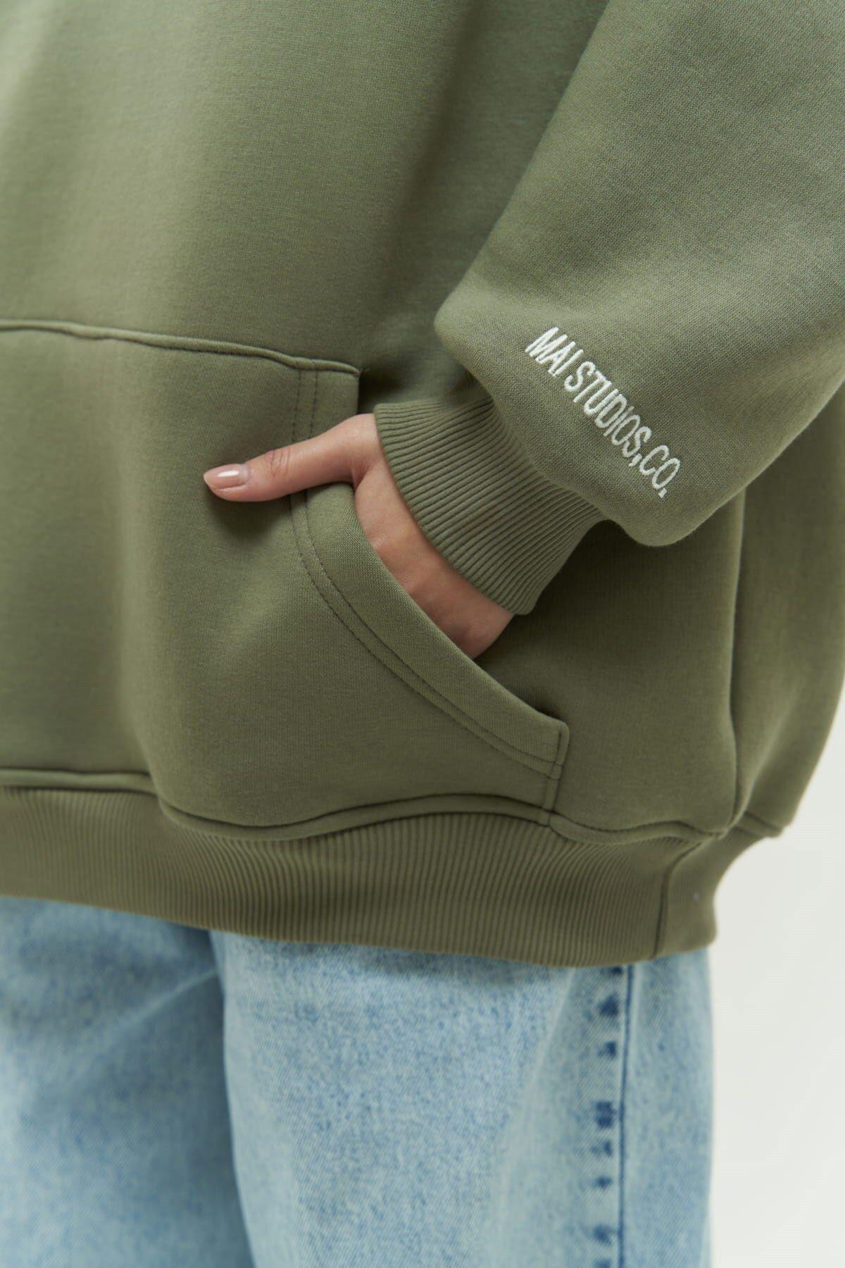 Mai Collection Malvo Mai Emboidered Light Khaki Hoodie Sweatshirt