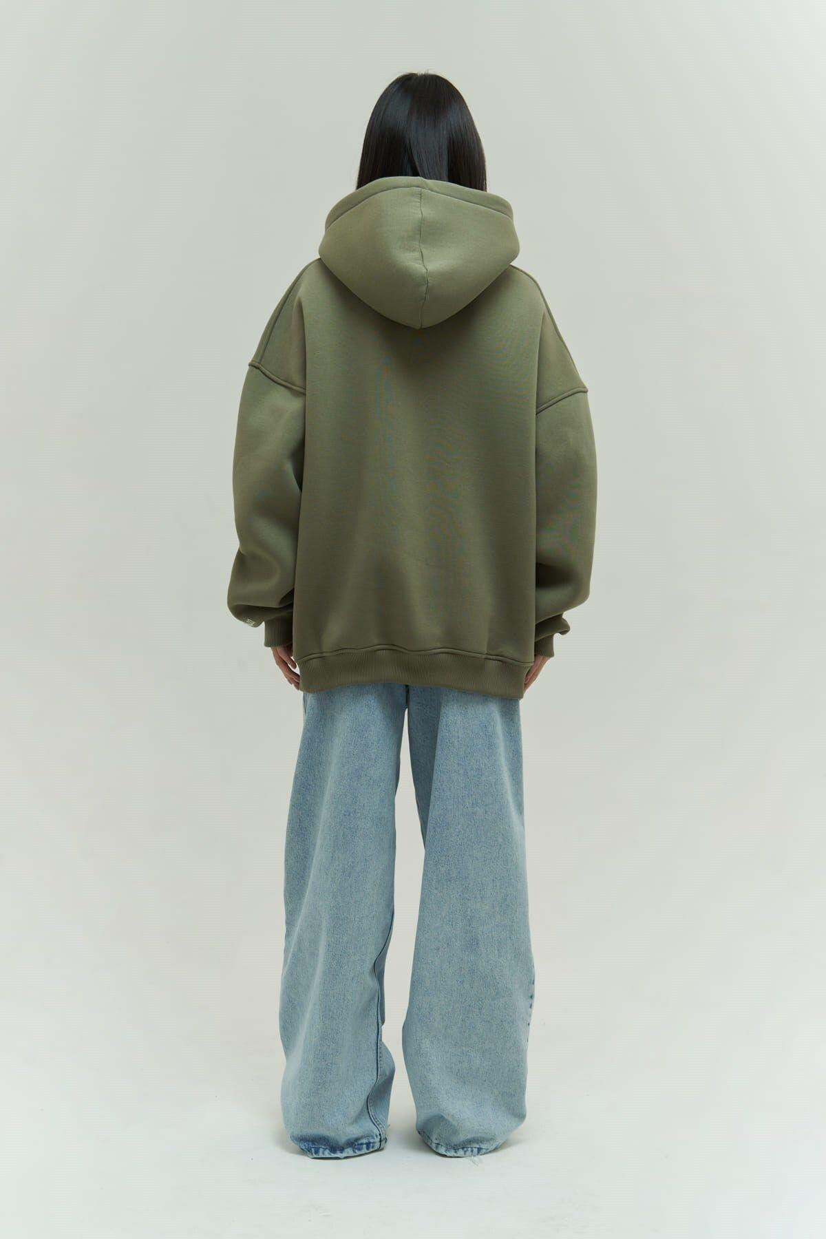 Mai Collection Malvo Mai Emboidered Light Khaki Hoodie Sweatshirt