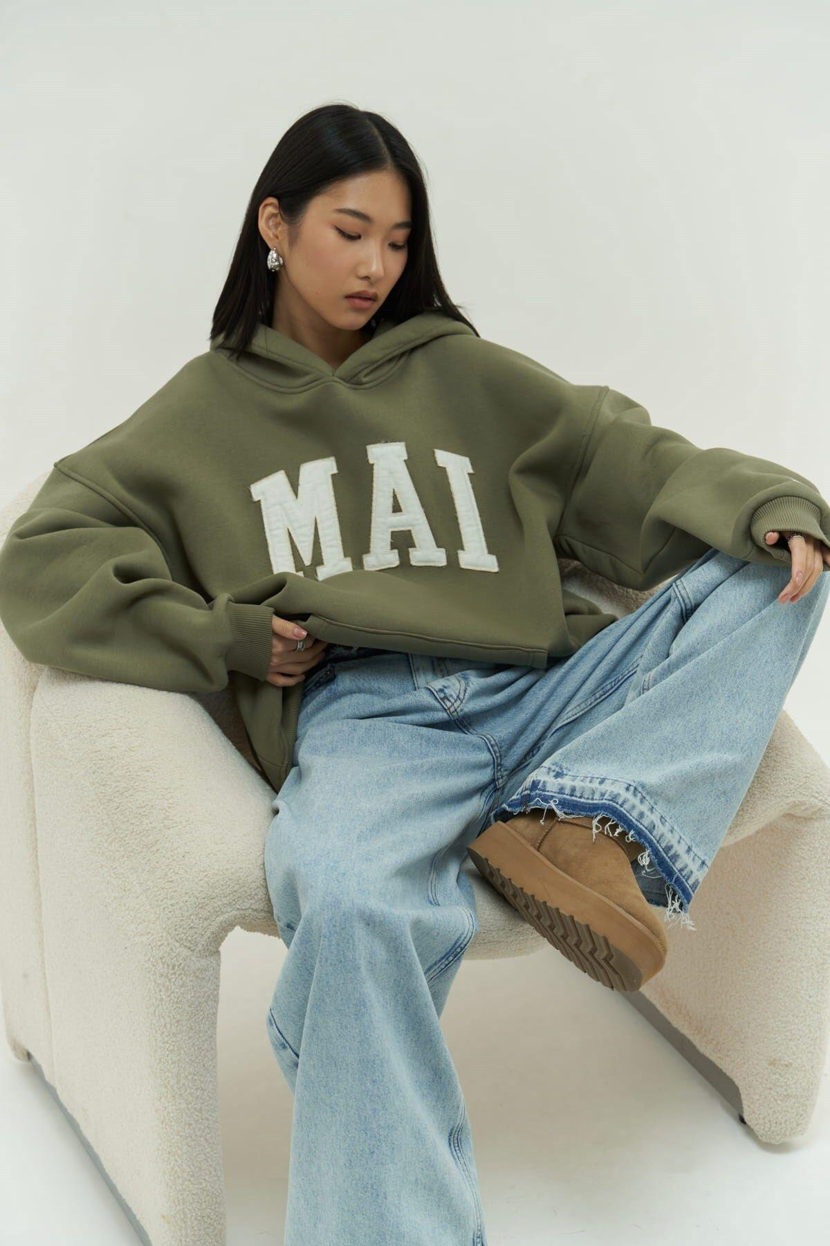 Mai Collection Malvo Mai Emboidered Light Khaki Hoodie Sweatshirt