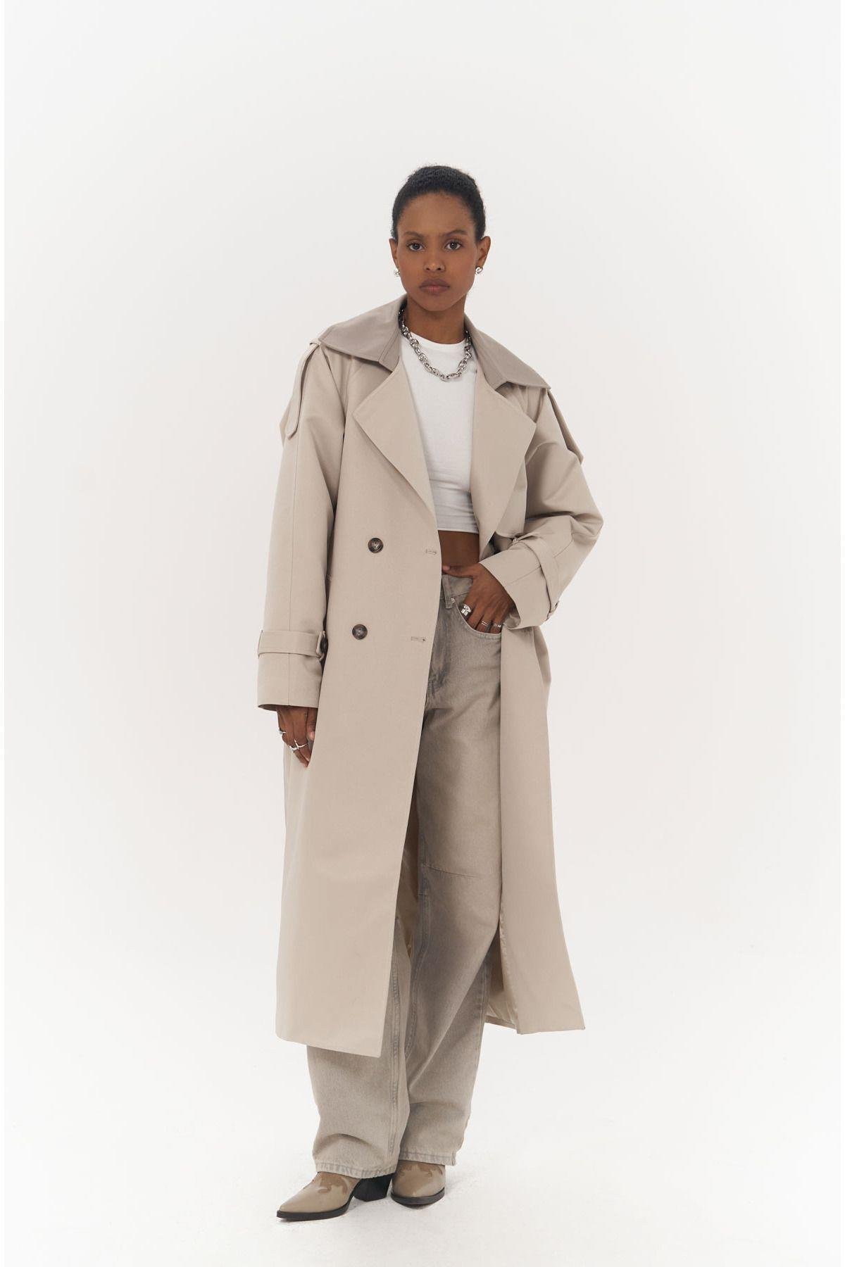 Maryland Yaka Detay Haki Garnili Taş Trençkot