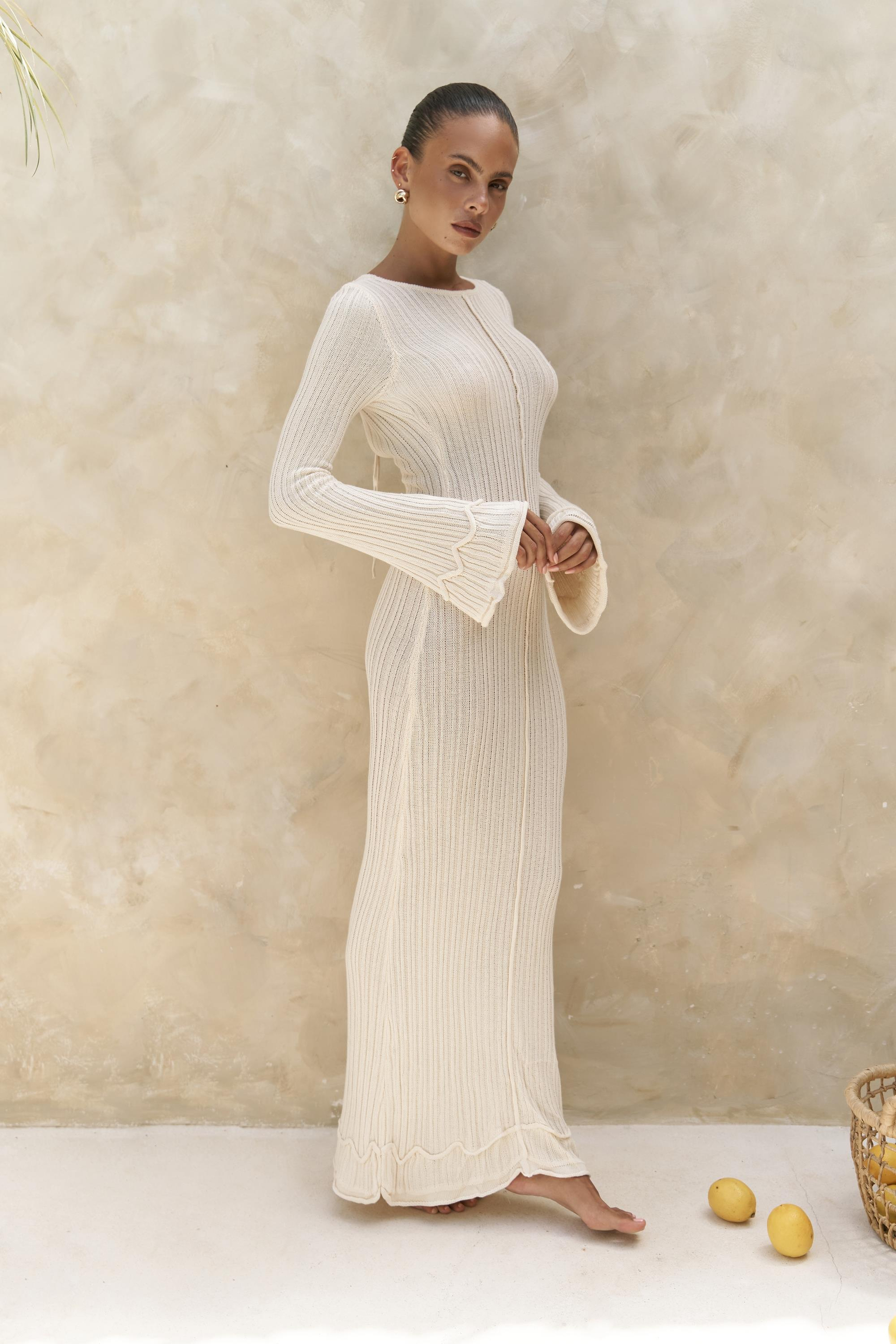 Matias Sırt Dekolteli Ekru Triko Uzun Elbise