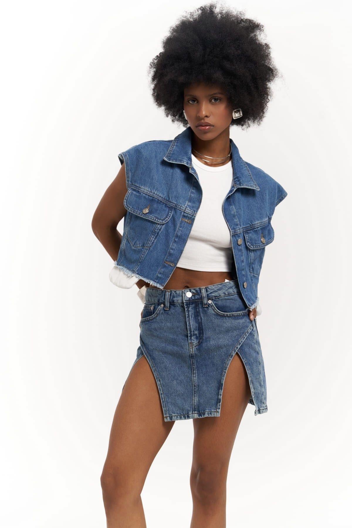 Matin Sıfır Kol Mavi Jean Yelek