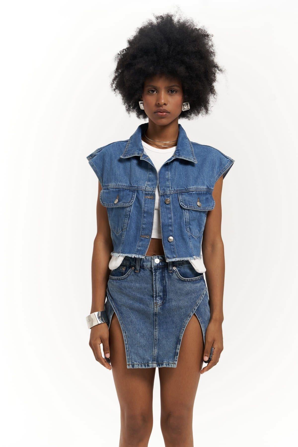 Matin Sıfır Kol Mavi Jean Yelek