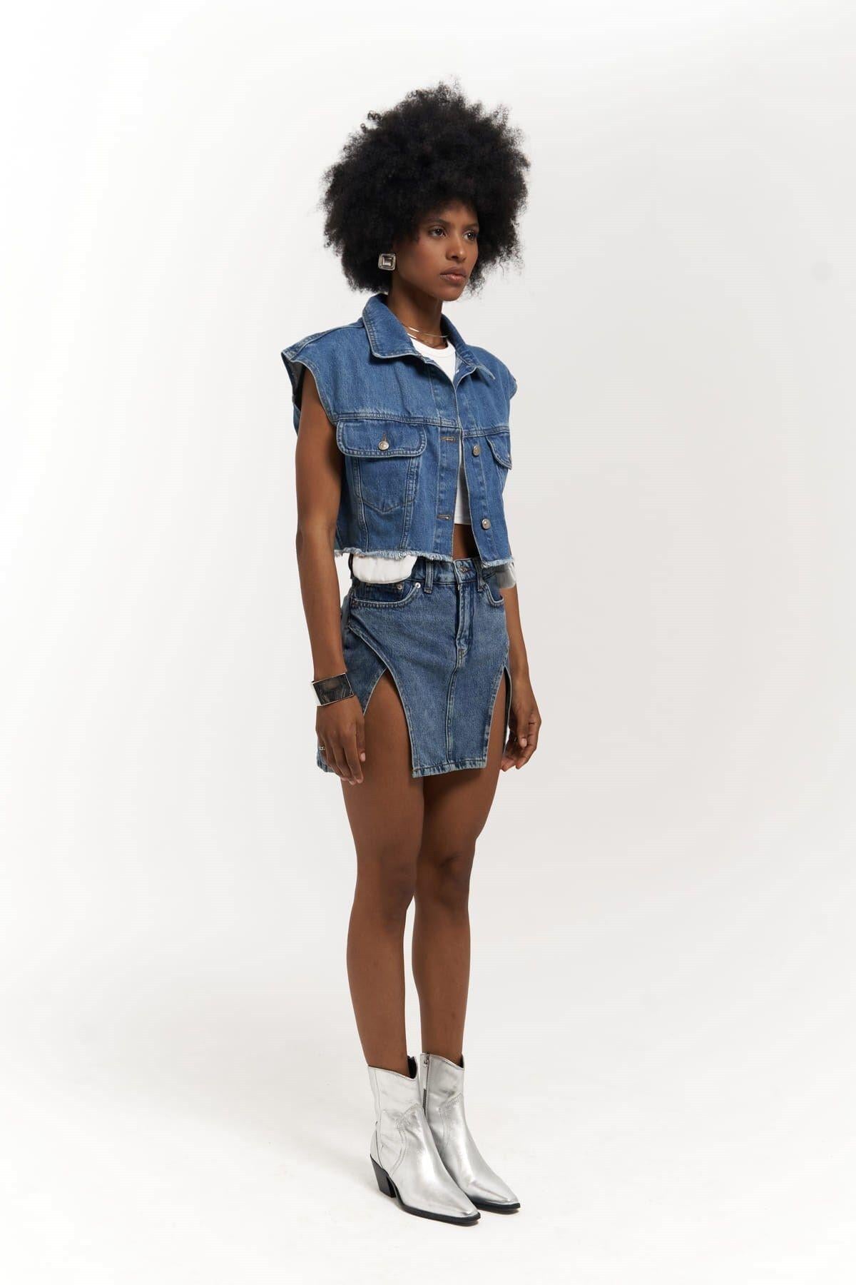 Matin Sıfır Kol Mavi Jean Yelek