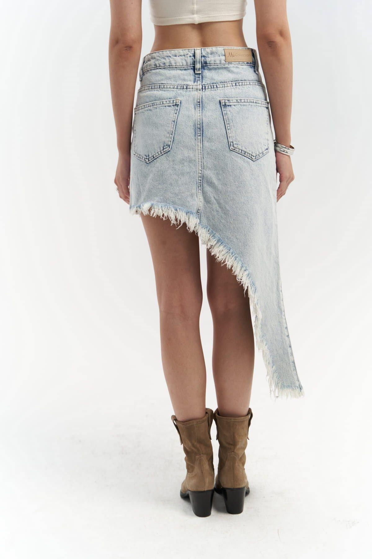 Matteau Püskül Detay Mavi Jean Etek