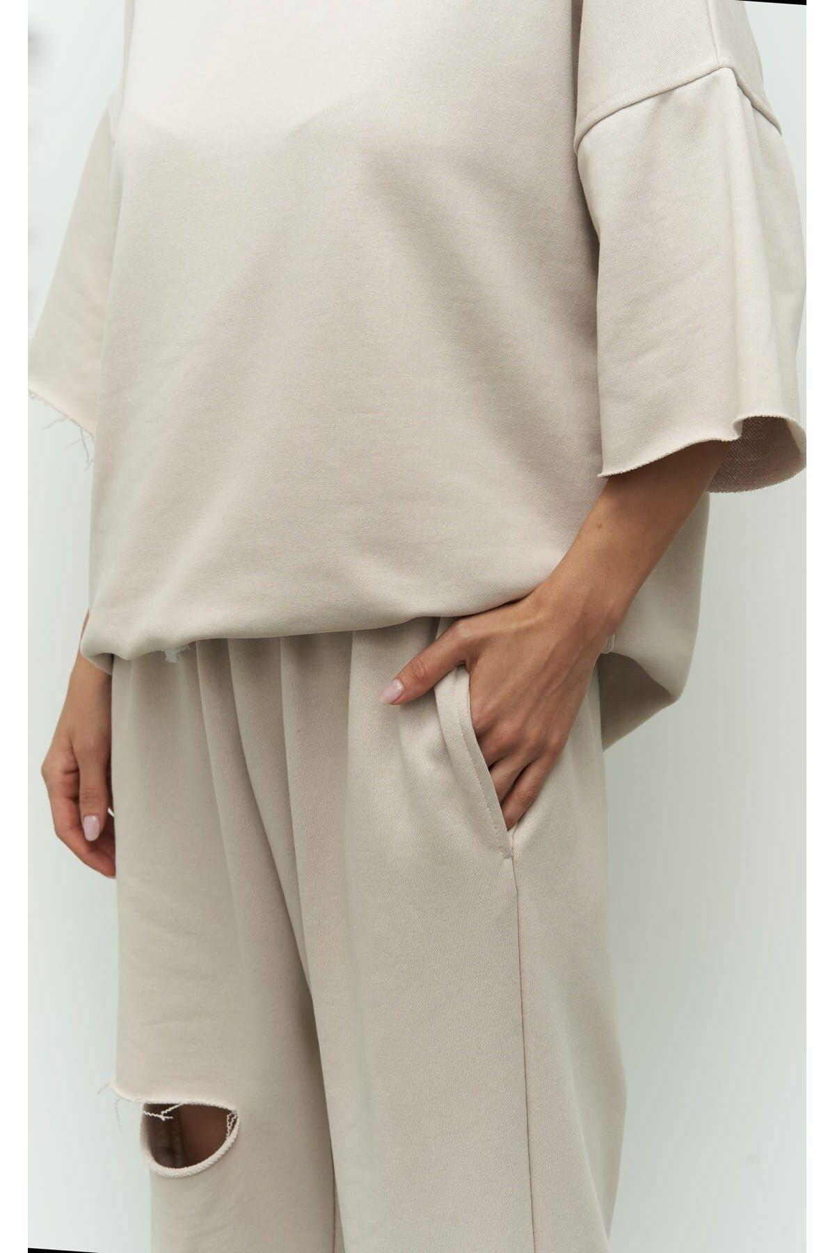MCLLCTN Lion Kemik Oversize T-Shirt Yırtıklı Eşofman Takım