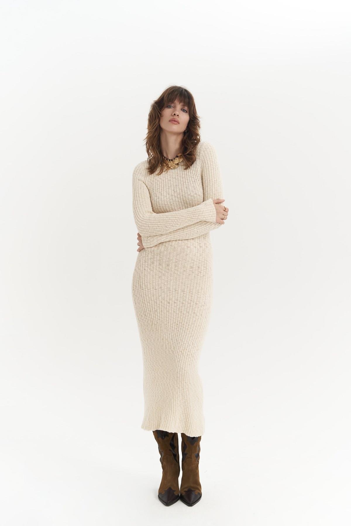 Melbourne Organik Uzun Triko Bej Elbise