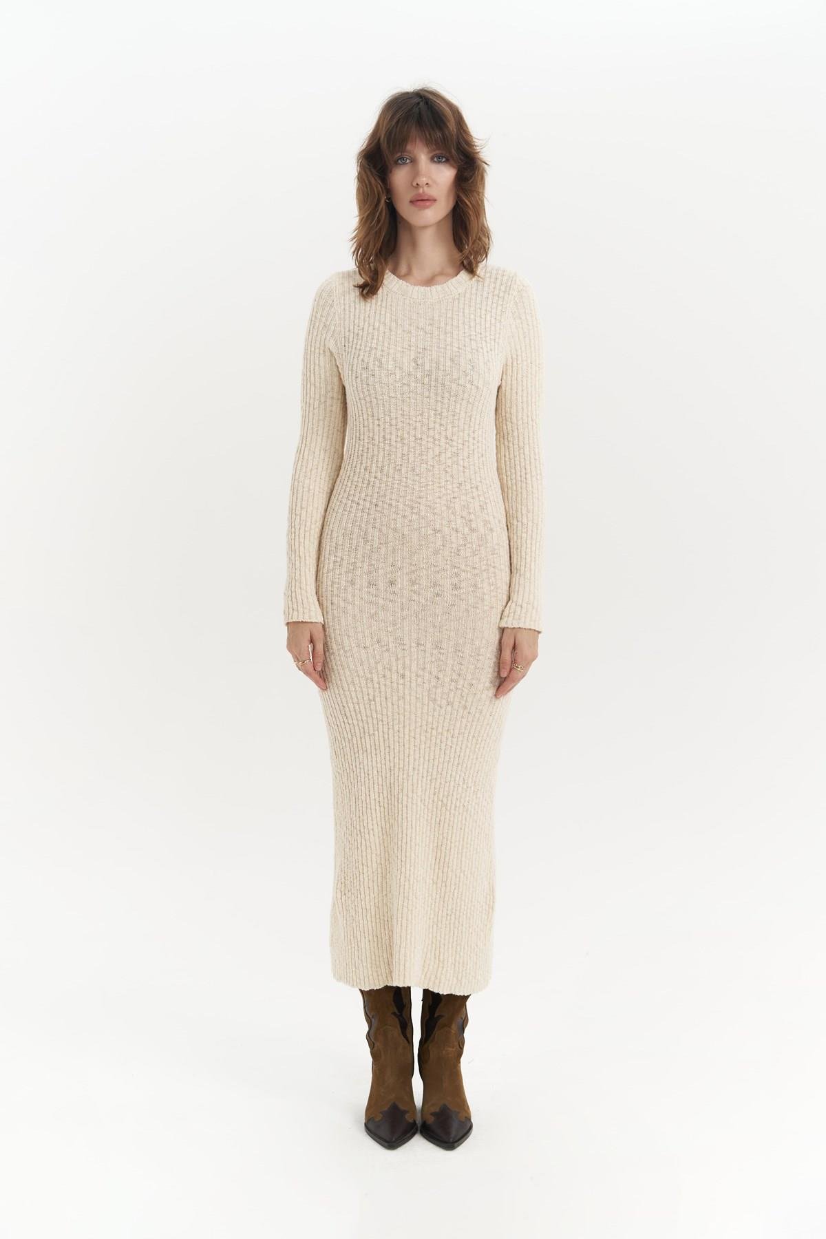 Melbourne Organik Uzun Triko Bej Elbise