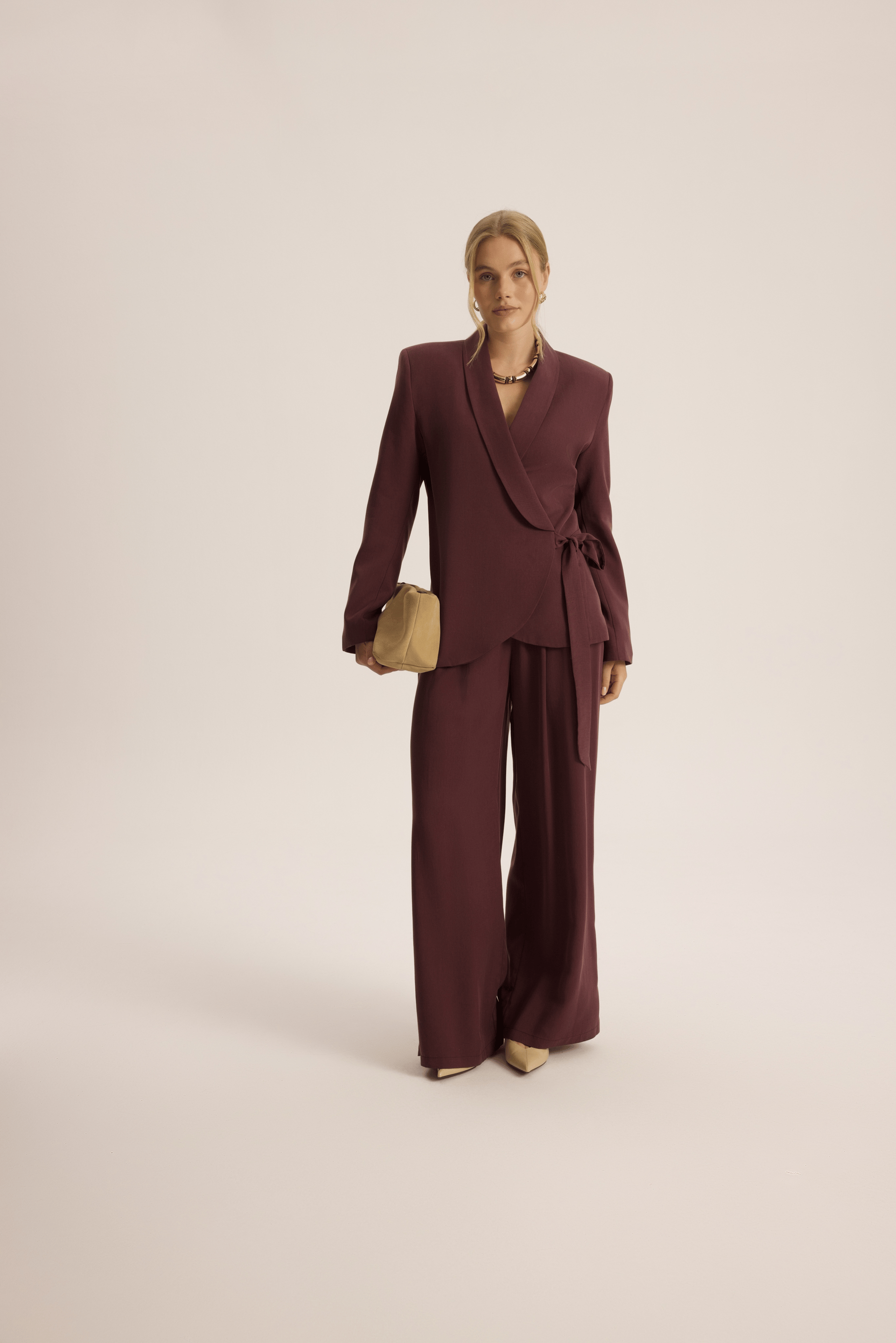 Mirelka Bağlamalı Bordo Blazer Pantolon Takım