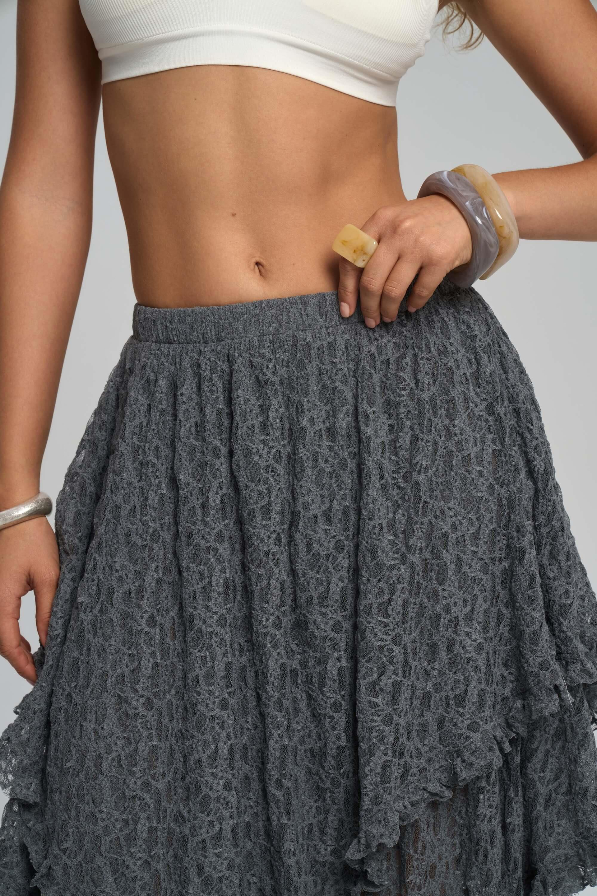 Mireya Asimetrik Antrasit Dantel Etek