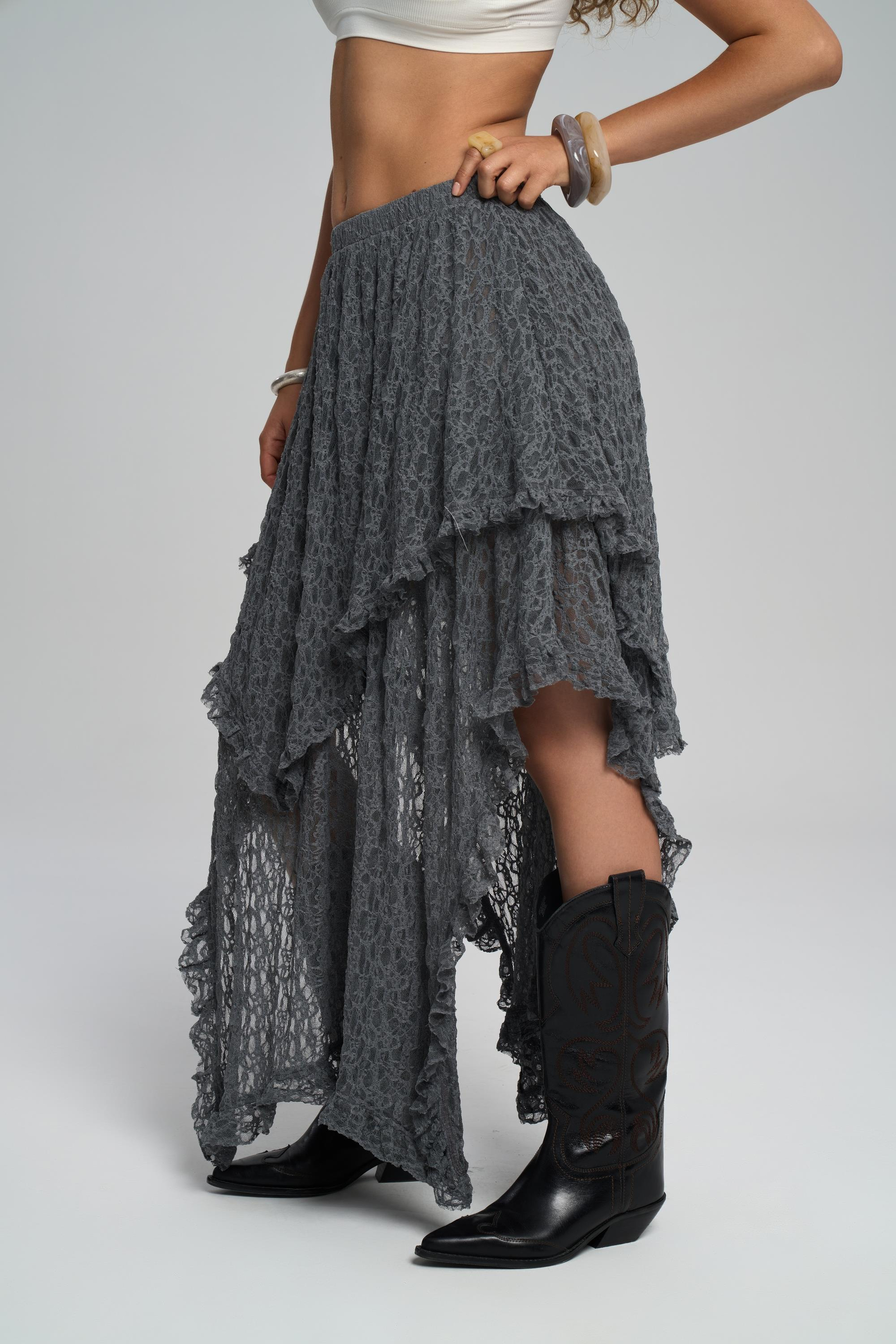 Mireya Asimetrik Antrasit Dantel Etek