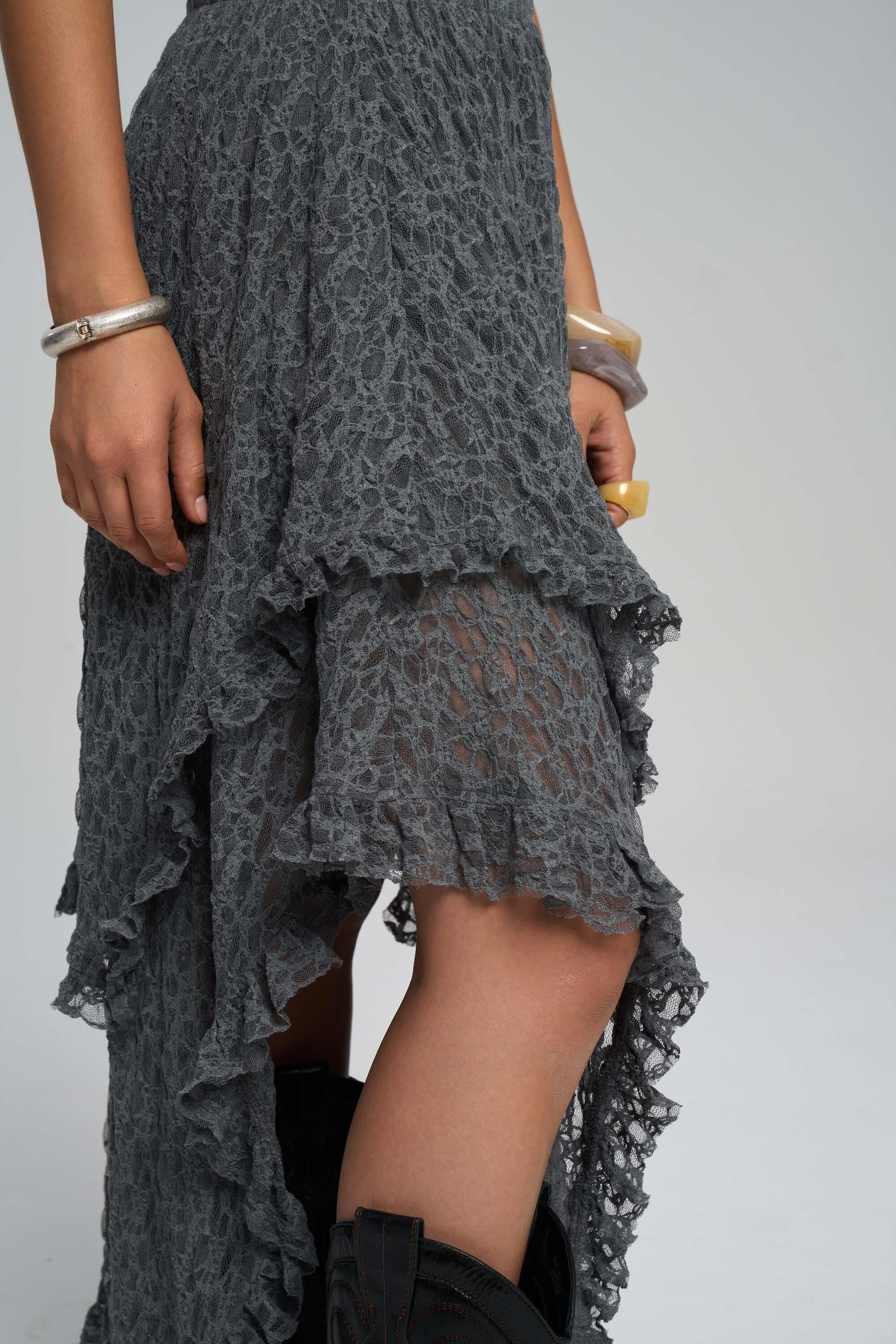 Mireya Asimetrik Antrasit Dantel Etek