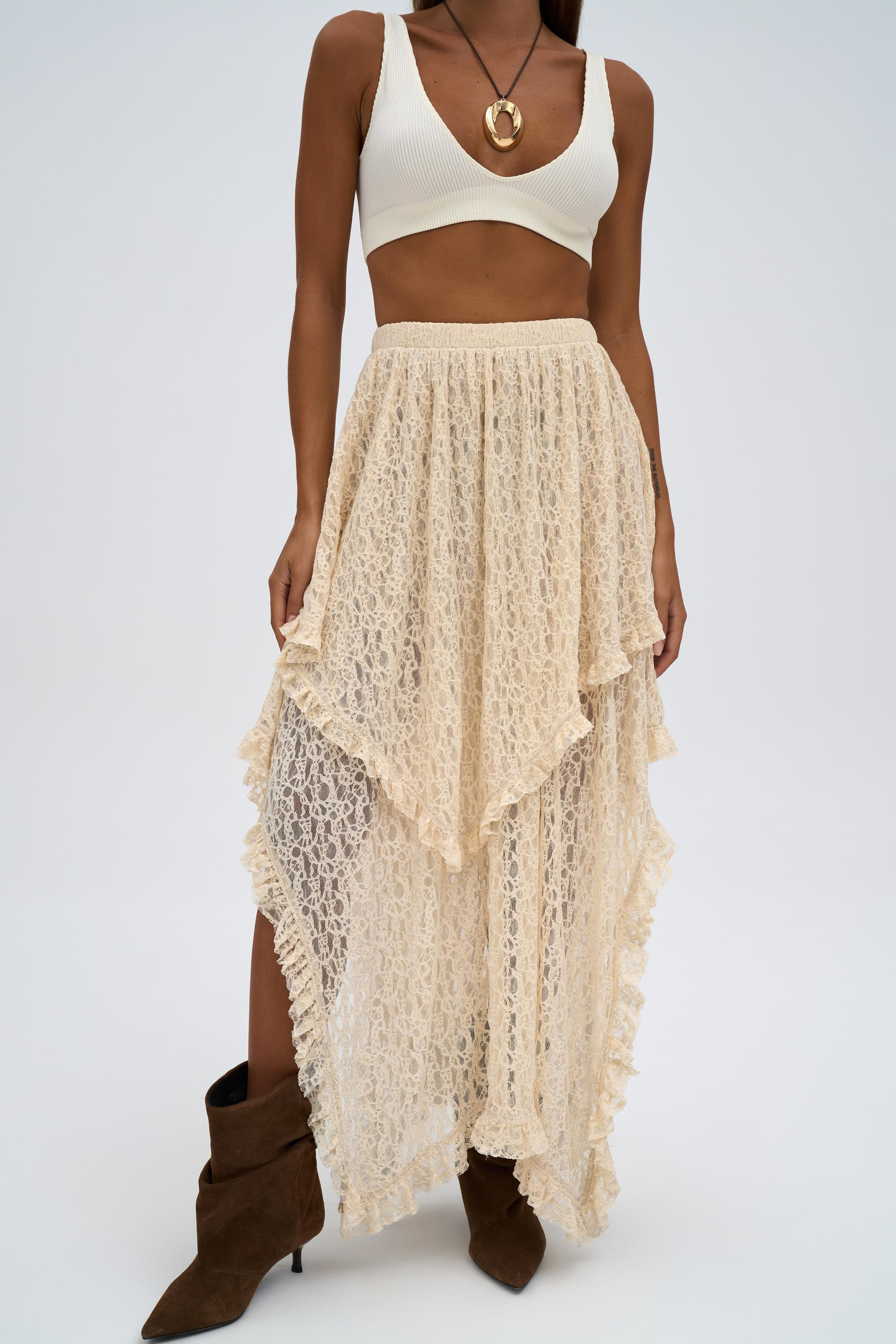 Mireya Asimetrik Dantel Etek - BEJ