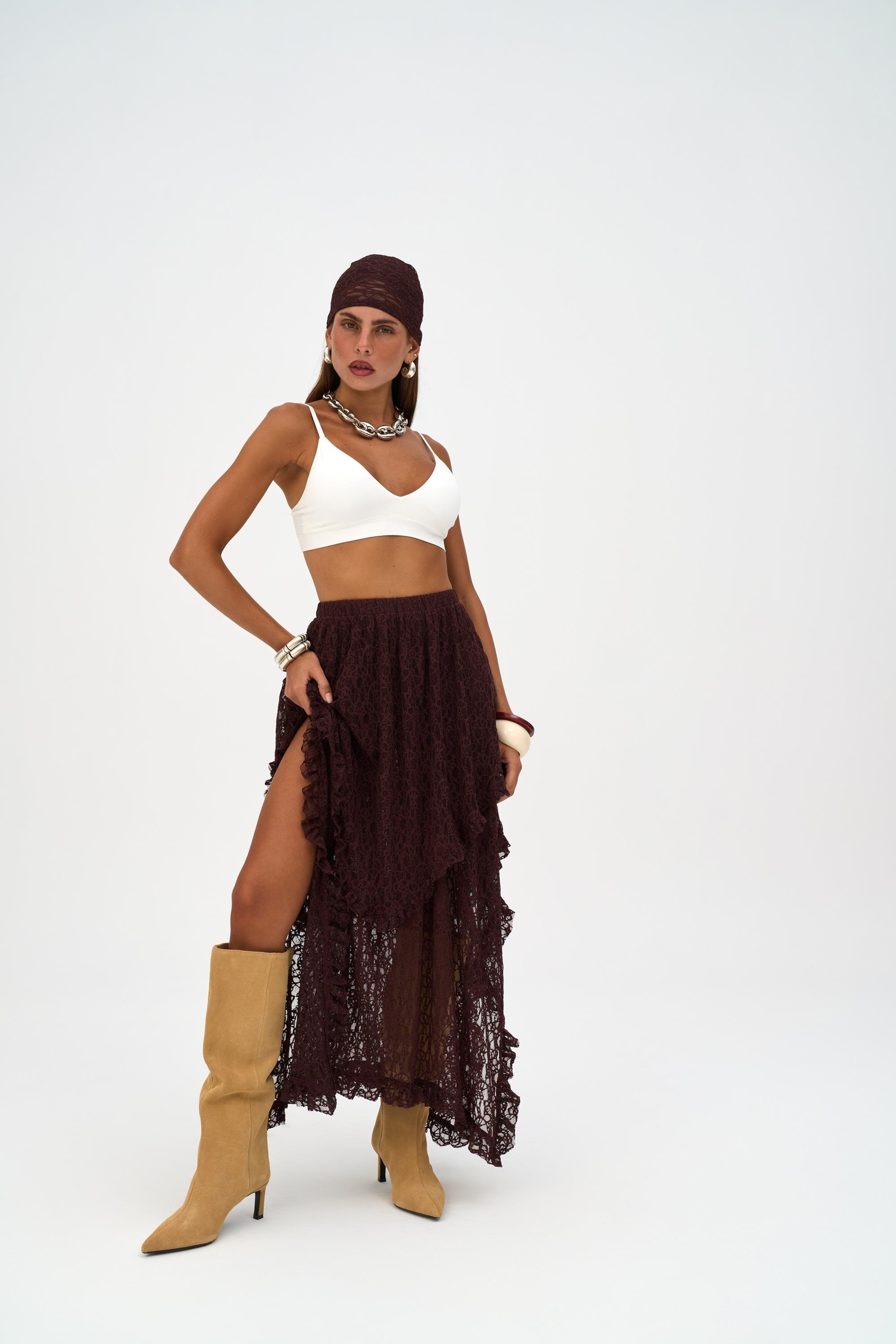 Mireya Asimetrik Bordo Dantel Etek