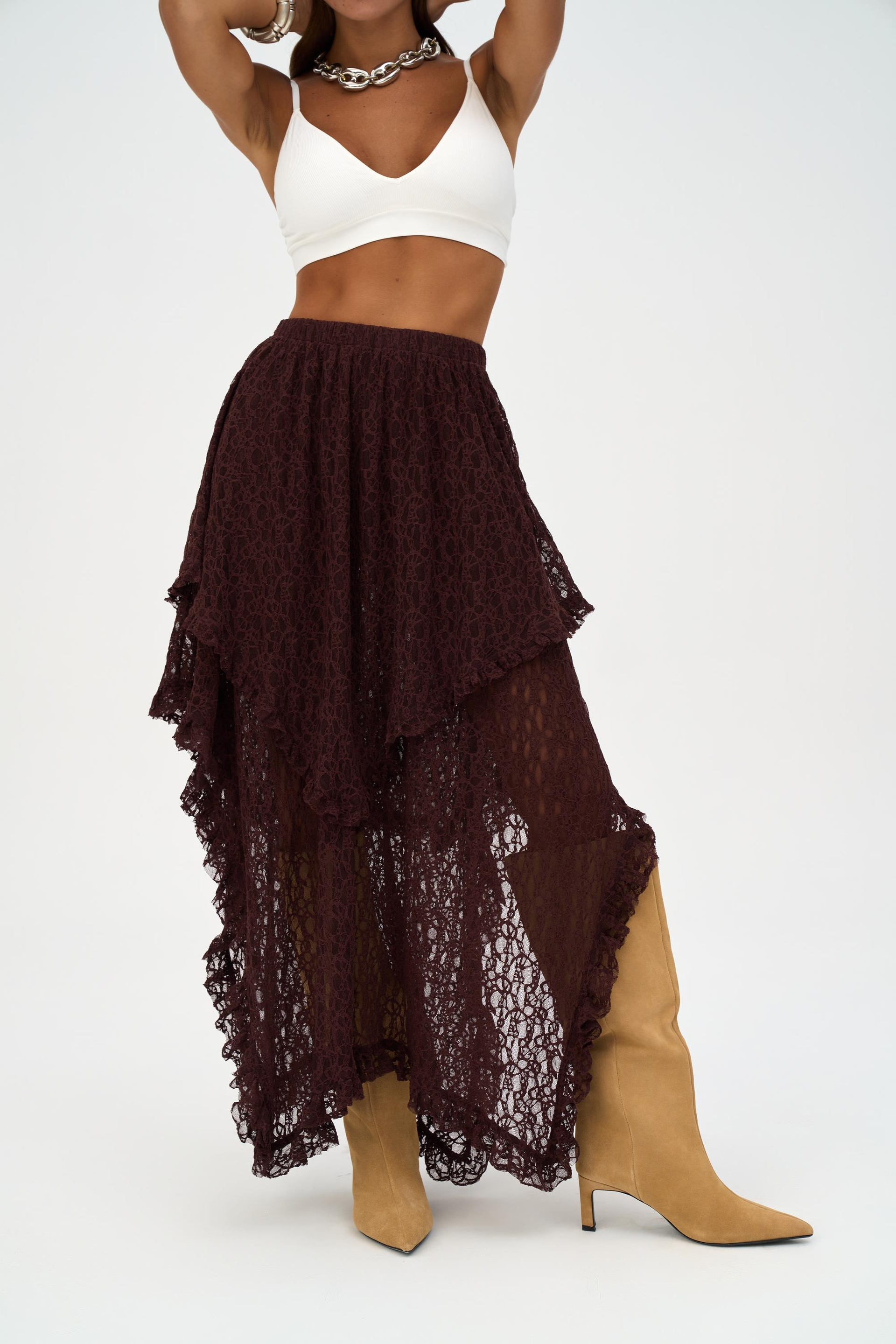 Mireya Asimetrik Bordo Dantel Etek