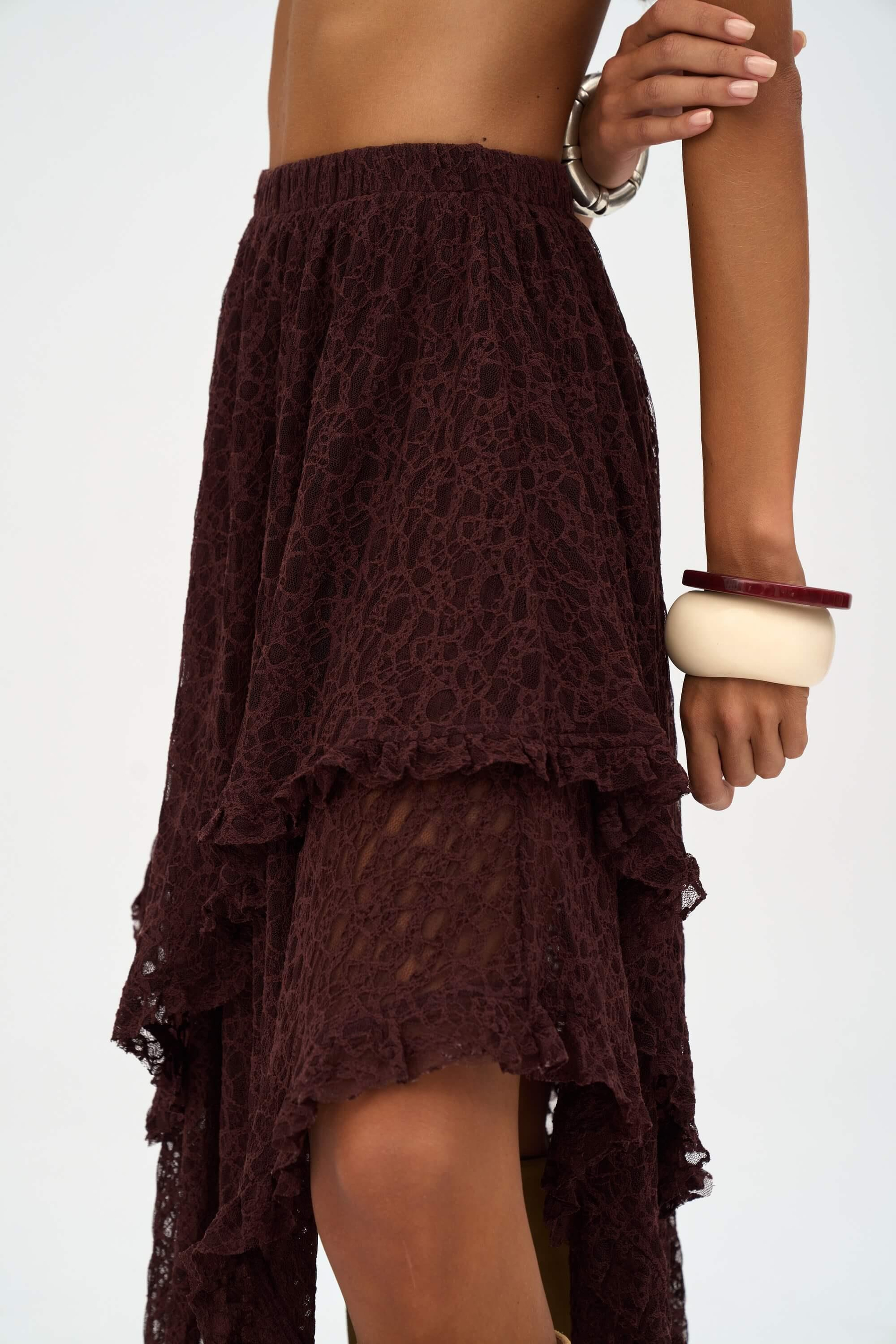 Mireya Asimetrik Bordo Dantel Etek