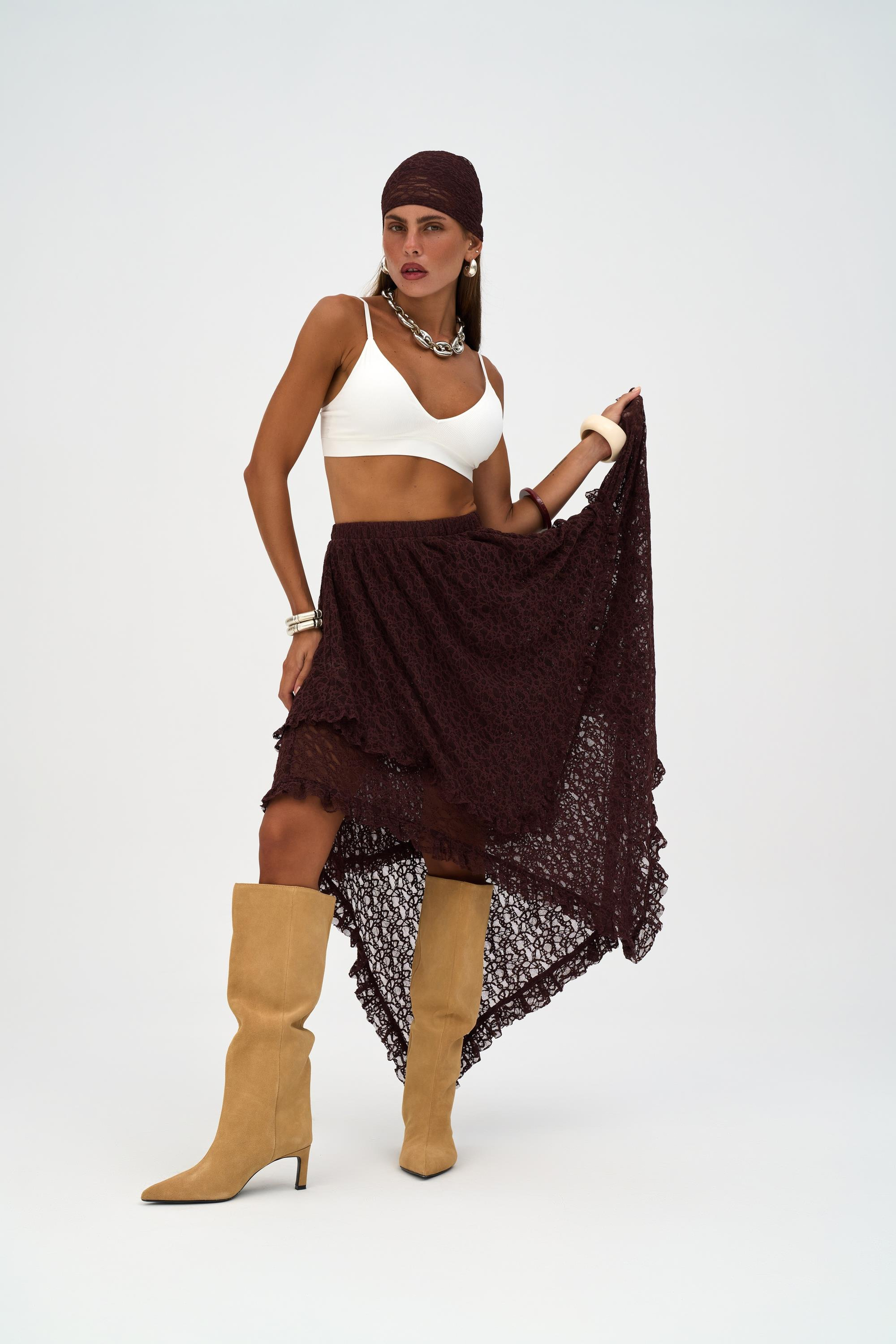 Mireya Asimetrik Bordo Dantel Etek