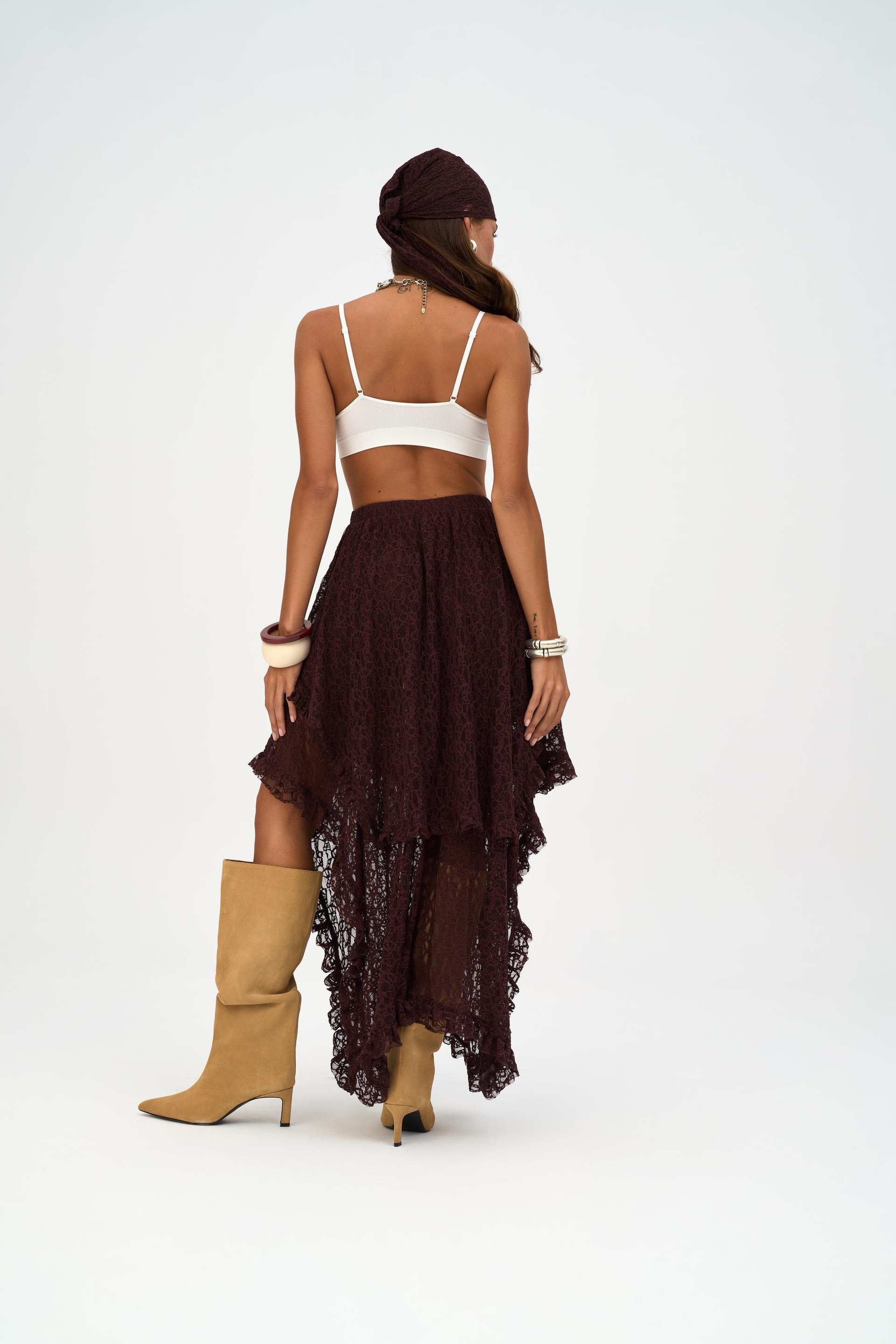 Mireya Asimetrik Bordo Dantel Etek