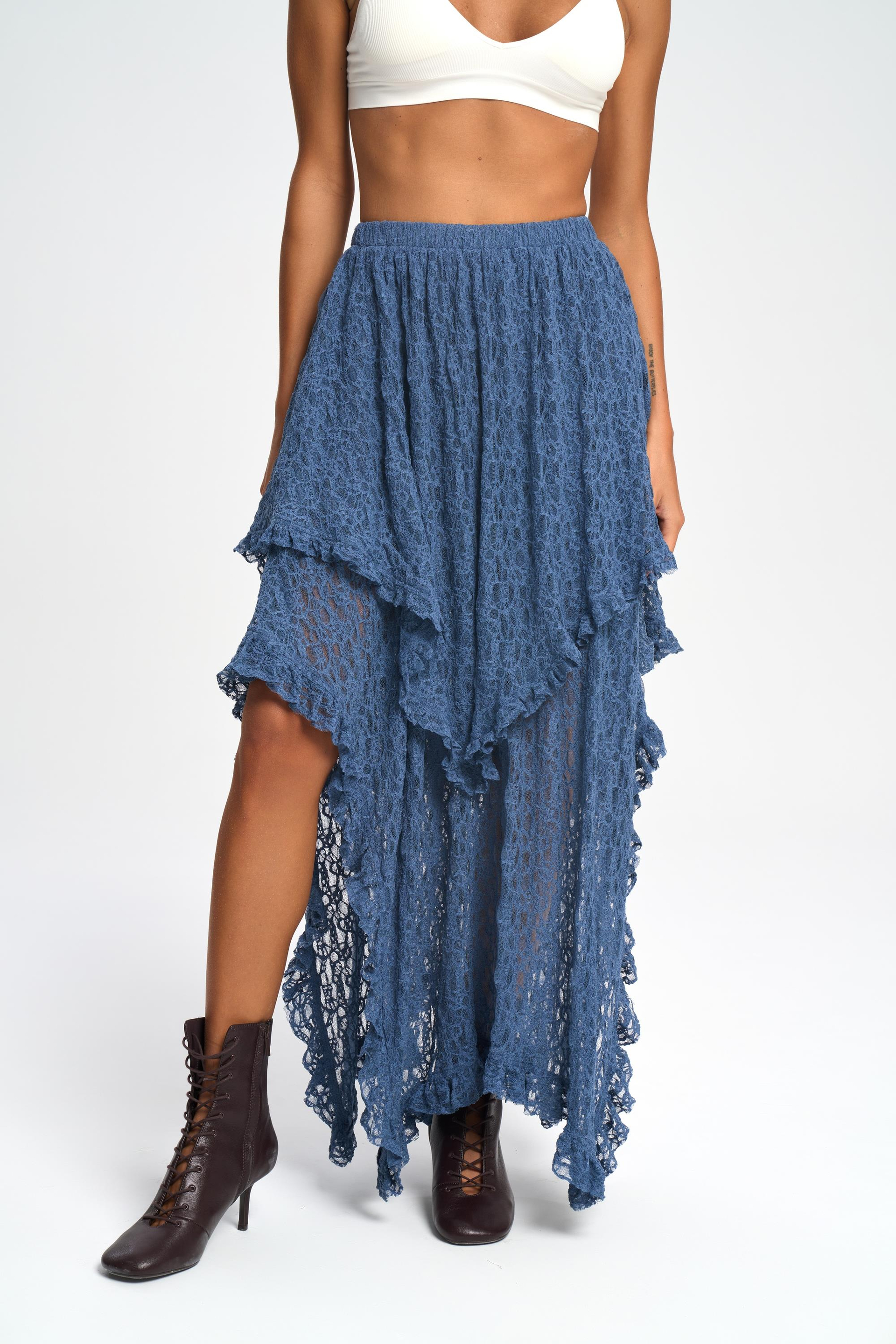 Mireya Asimetrik İndigo Dantel Etek
