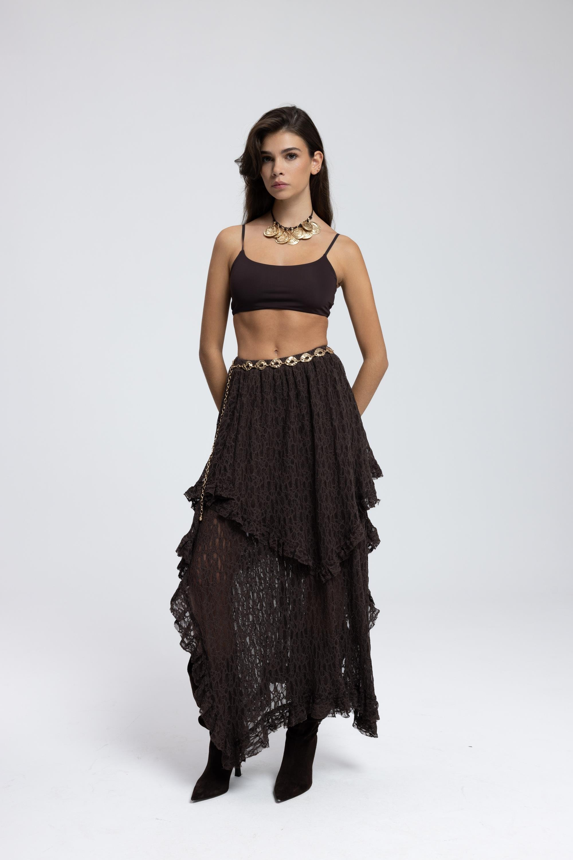 Mireya Asimetrik Kahve Dantel Etek