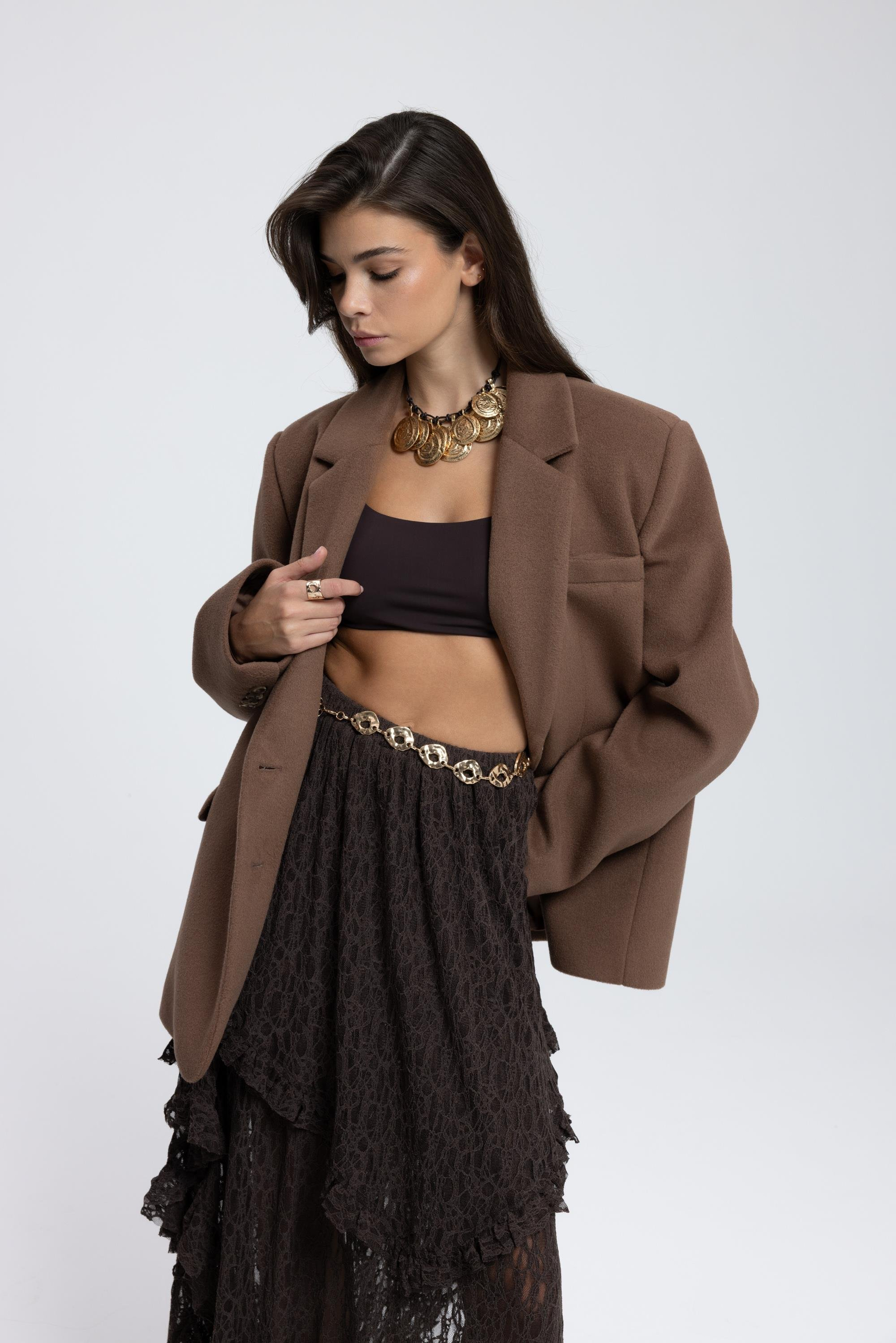 Mireya Asimetrik Kahve Dantel Etek