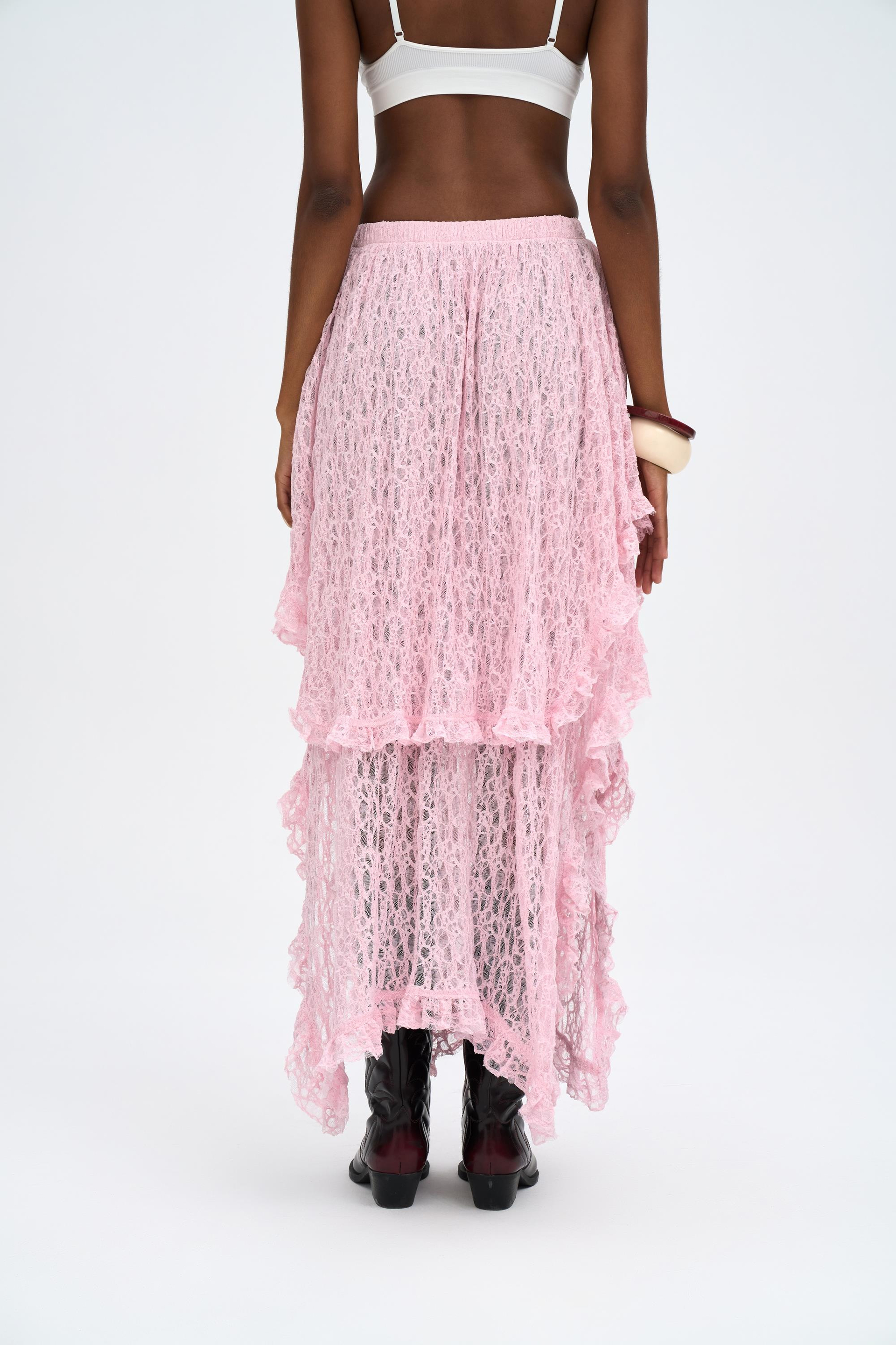 Mireya Asimetrik Pembe Dantel Etek