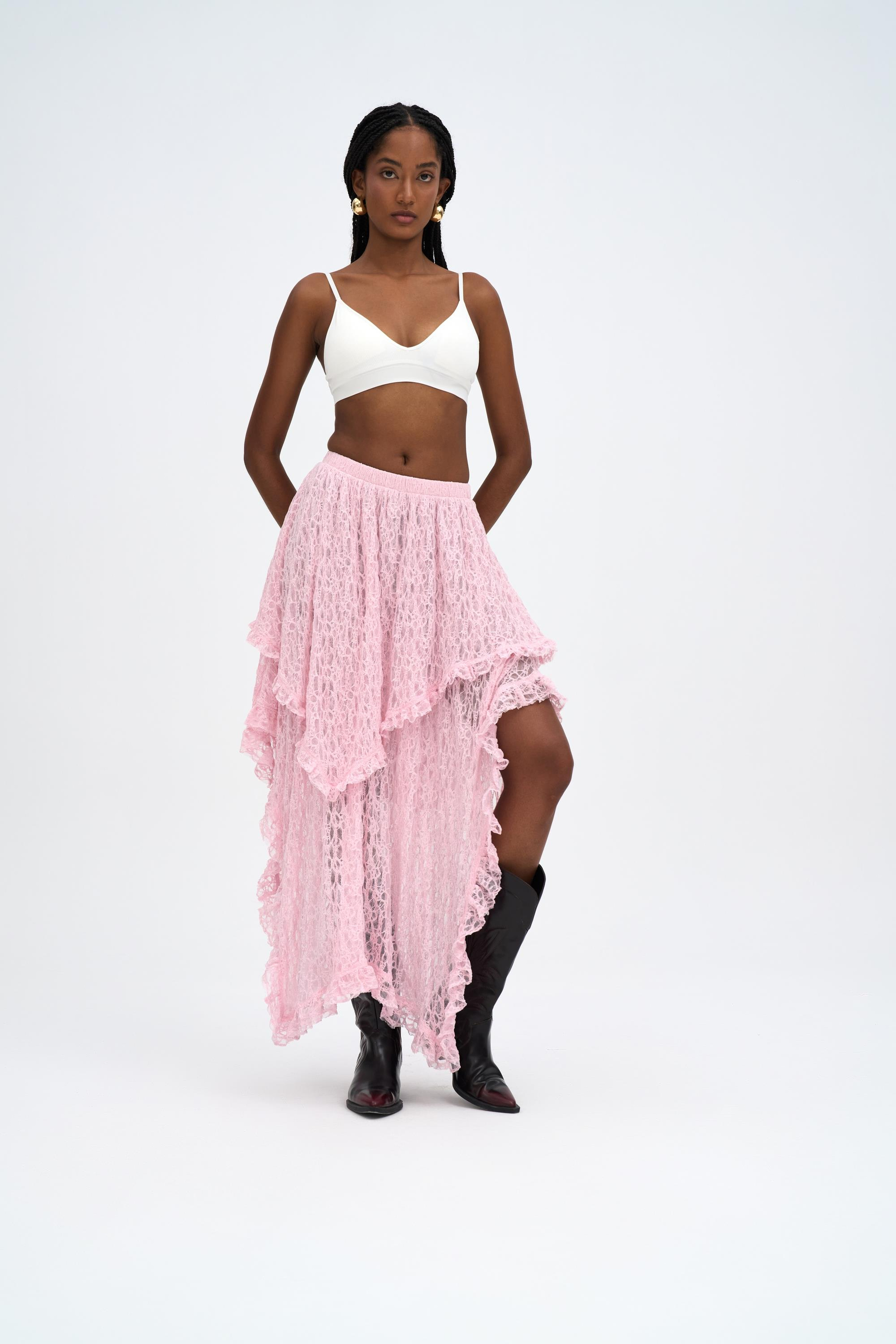 Mireya Asimetrik Pembe Dantel Etek