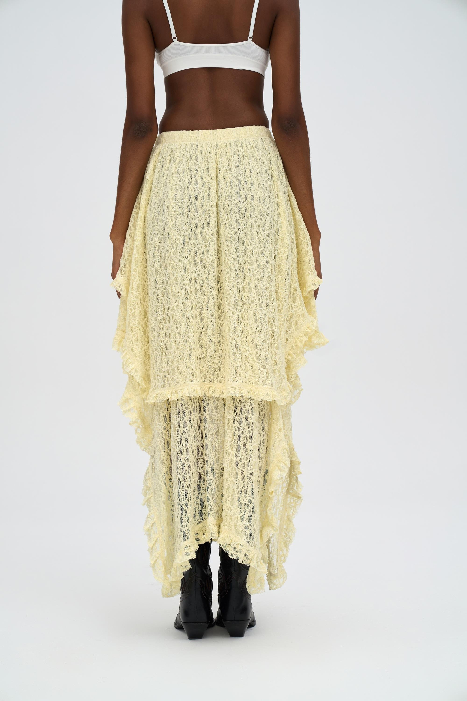 Mireya Asimetrik Sarı Dantel Etek