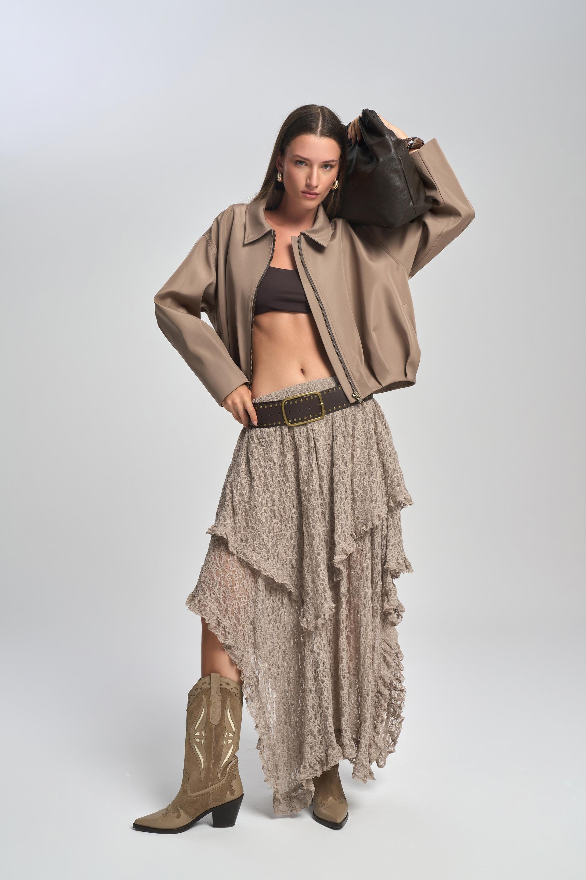 Mireya Asimetrik Vizon Dantel Etek