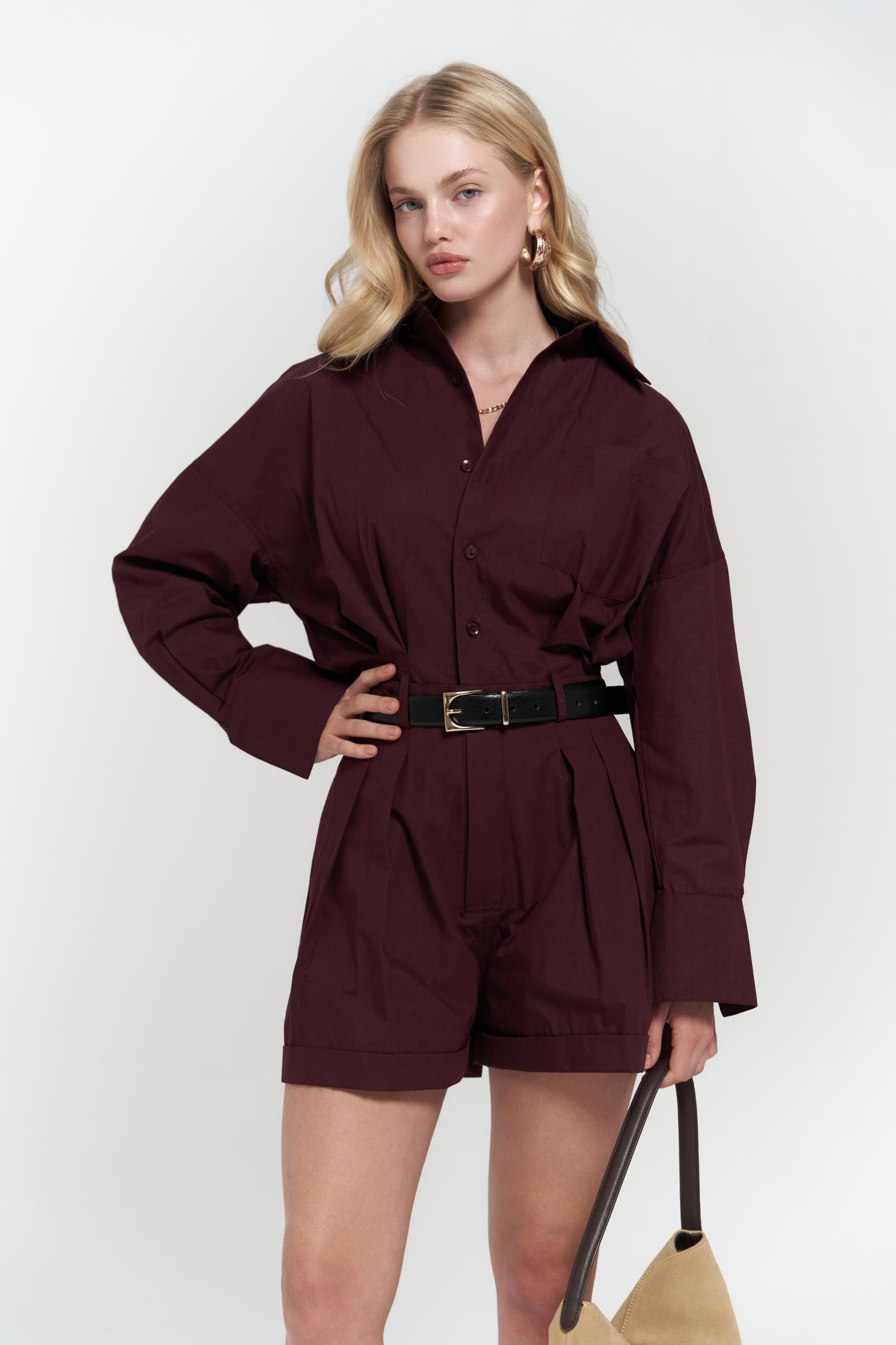 Moaen Kemer Detay Kısa Bordo Tulum