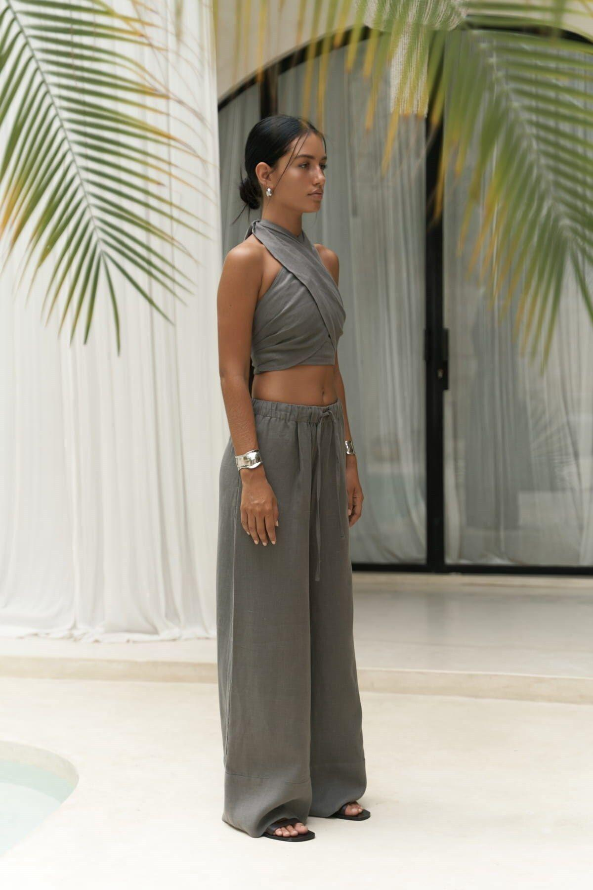 Moira Antrasit Keten Crop Pantolon Takım