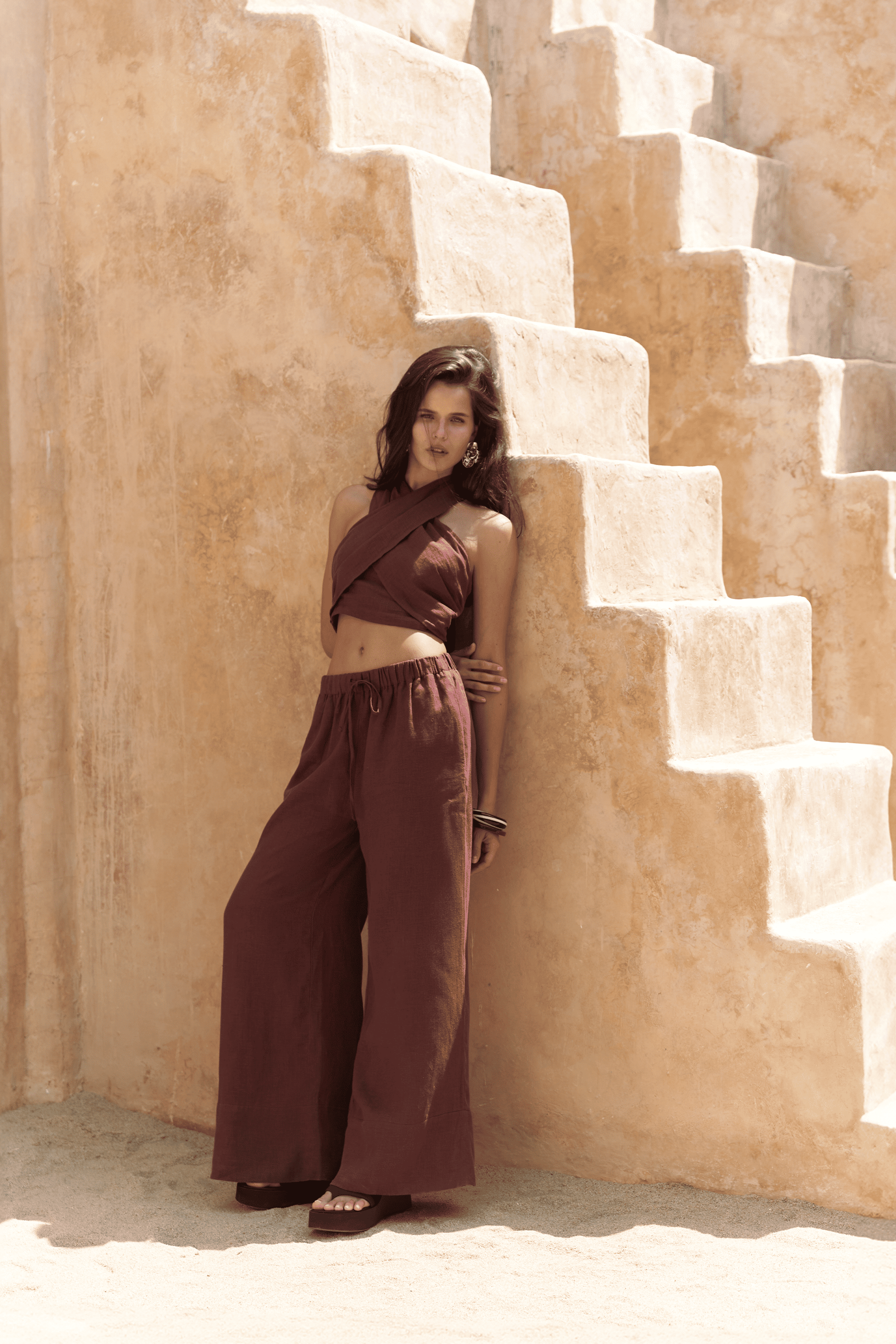 Moira Bordo Keten Crop Pantolon Takım 