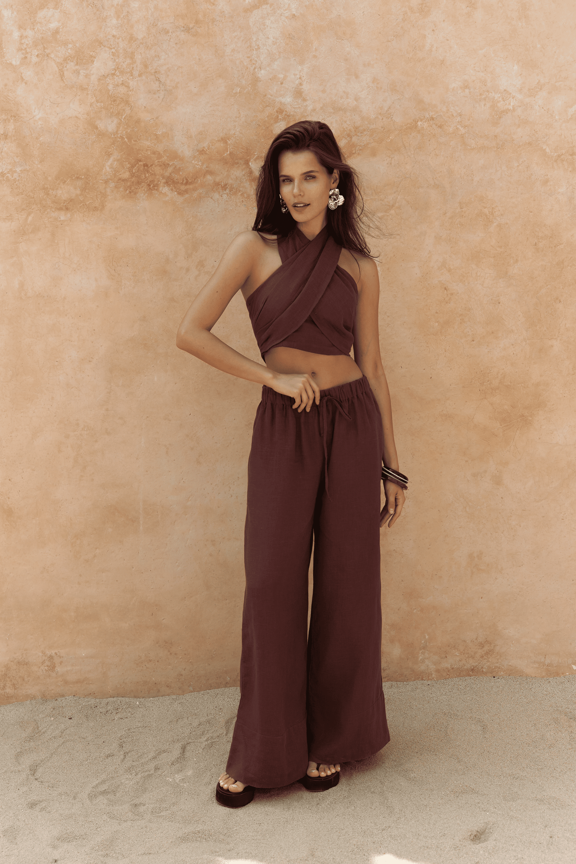 Moira Bordo Keten Crop Pantolon Takım 