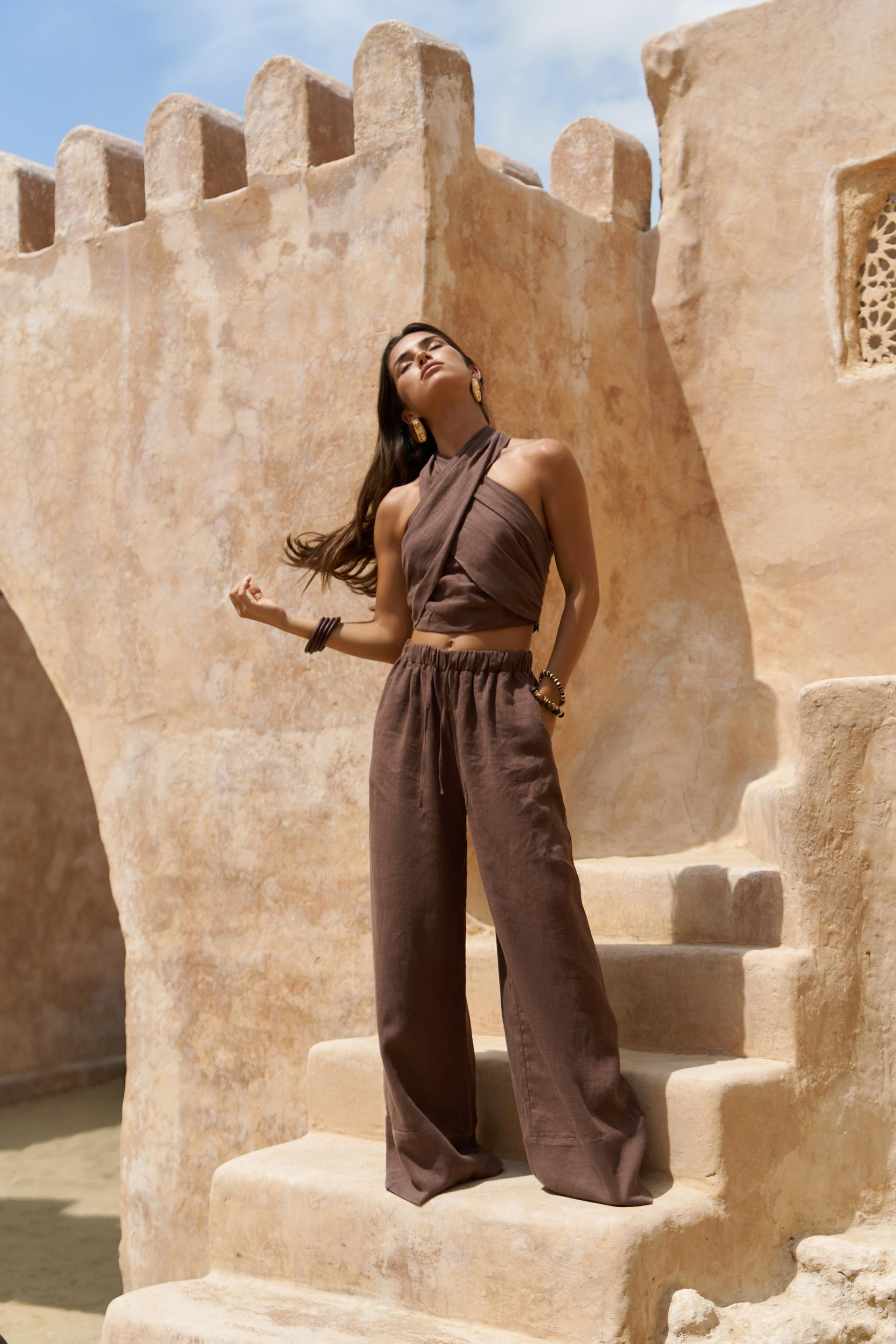 Moira Kahve Keten Crop Pantolon Takım