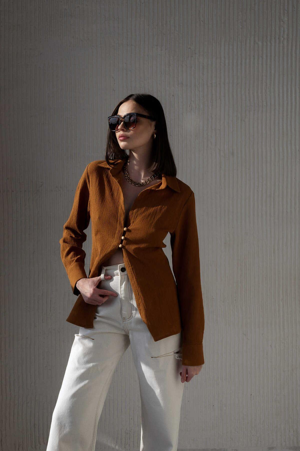 Morrow Ahşap Düğme Detay Kiremit Gömlek