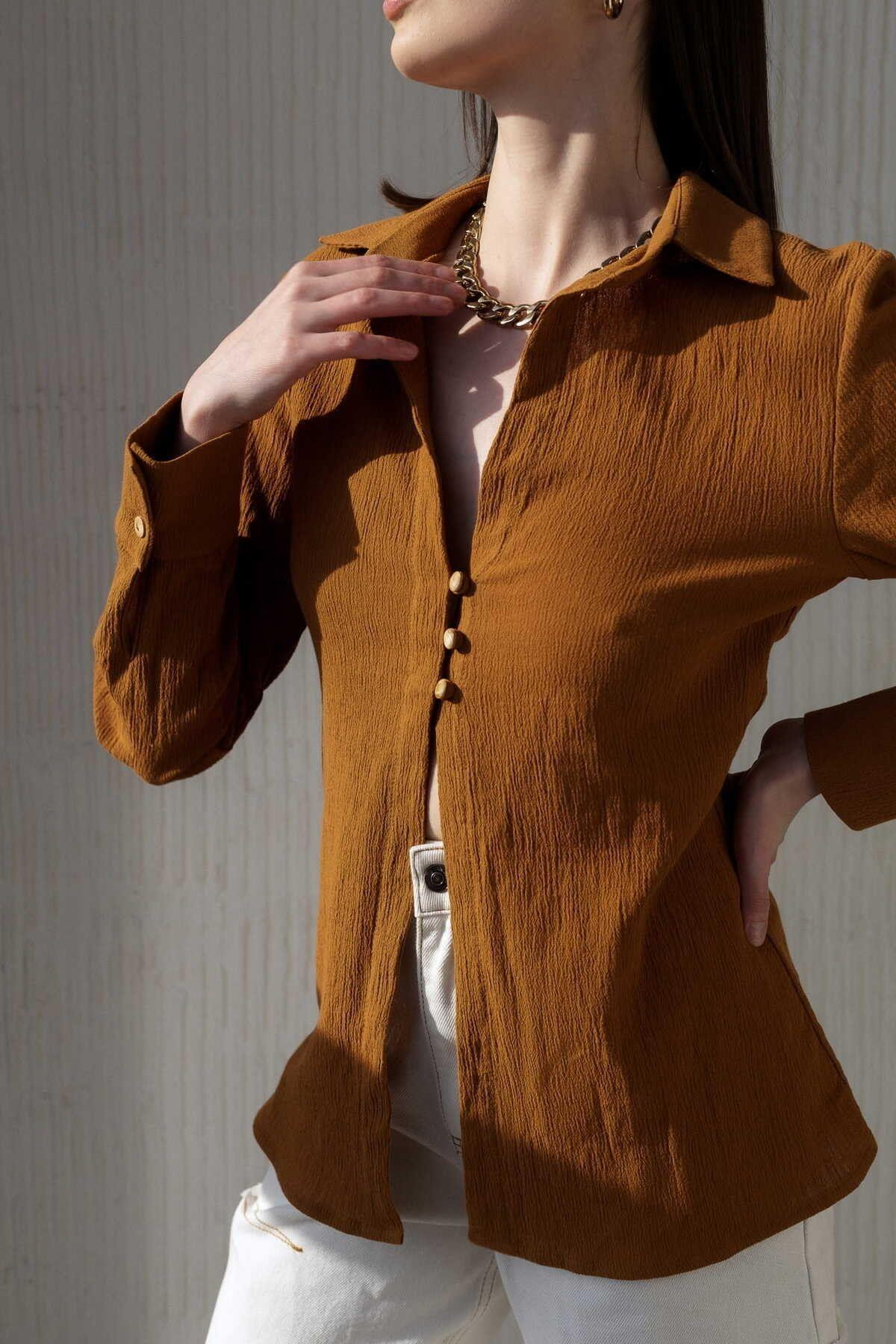 Morrow Ahşap Düğme Detay Kiremit Gömlek