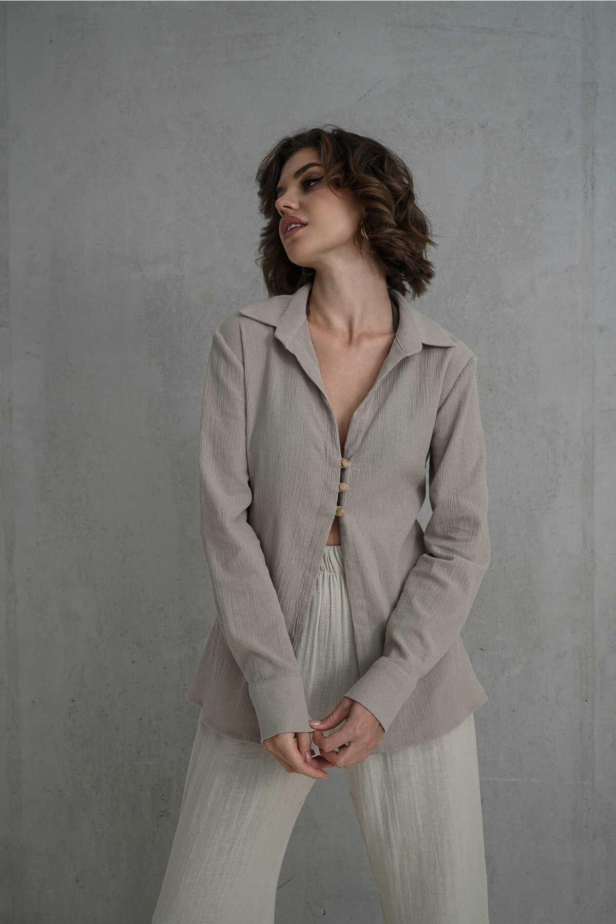 Morrow Ahşap Düğme Detay Taş Gömlek