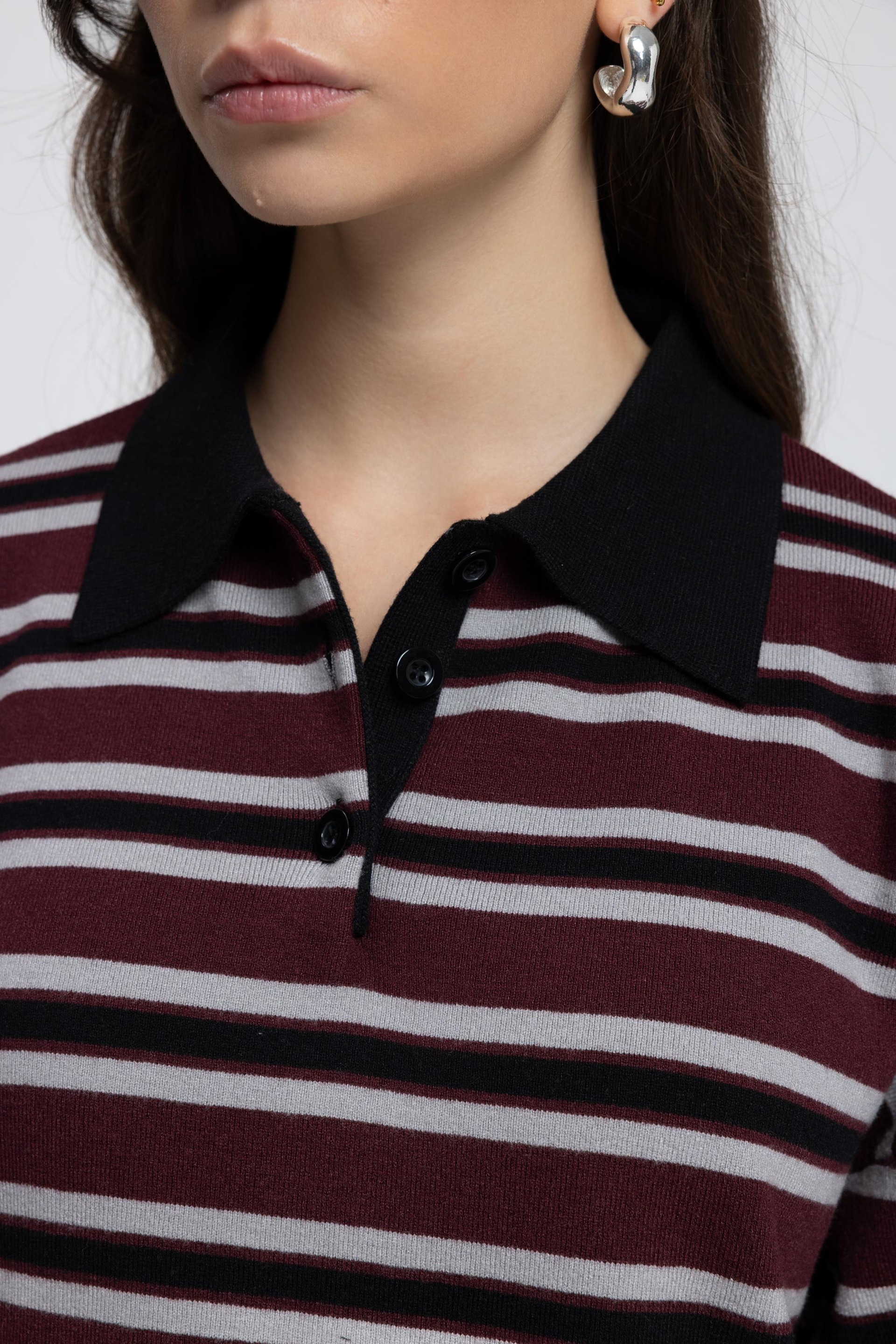 Moss Çizgili Bordo Polo Yaka Triko Kazak